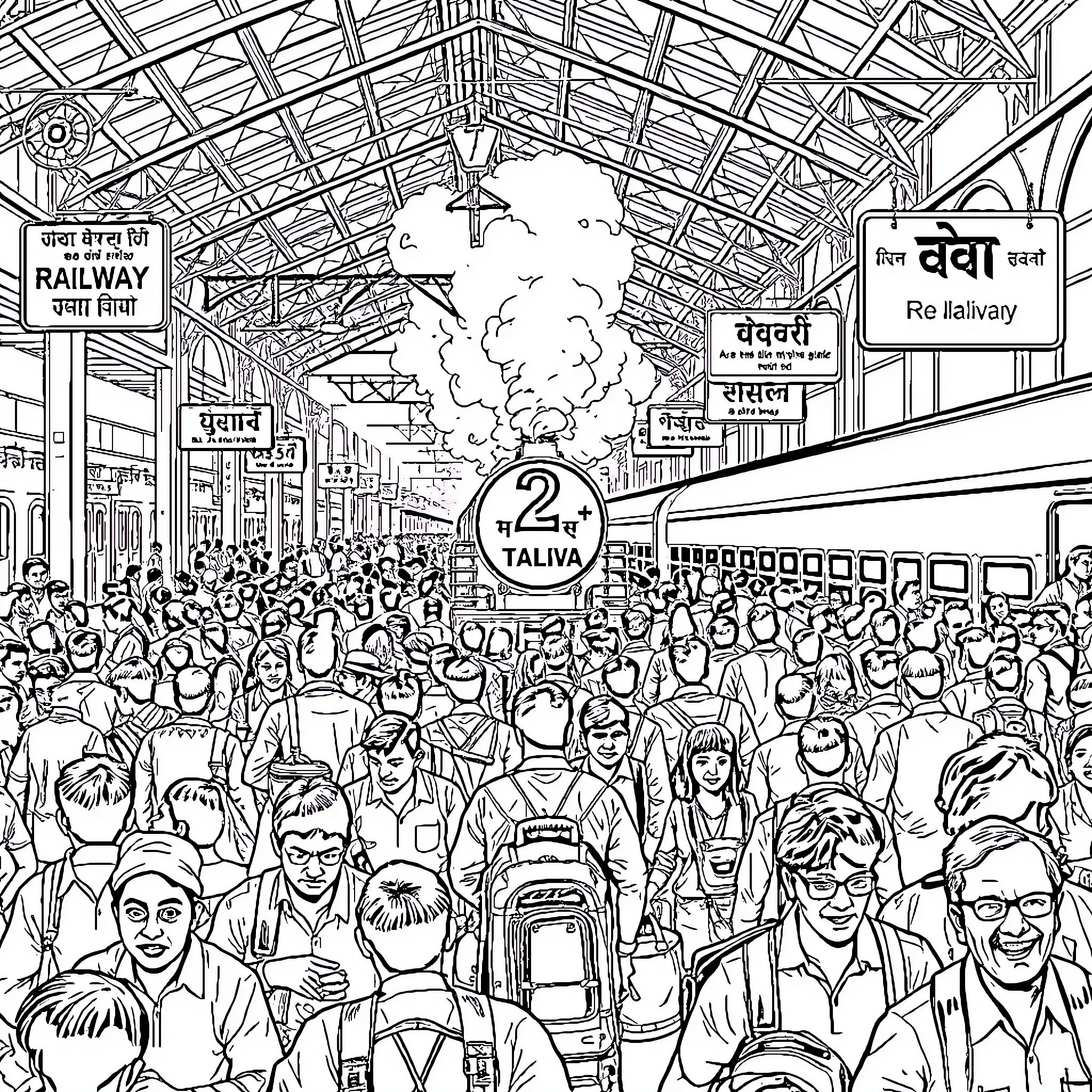 Railway Station Bustling with Commuters and Travelers Coloring Page (free black-and-white line drawing printable PDF for all, from beginners to advanced learners, including children, teens, adults, and seniors)