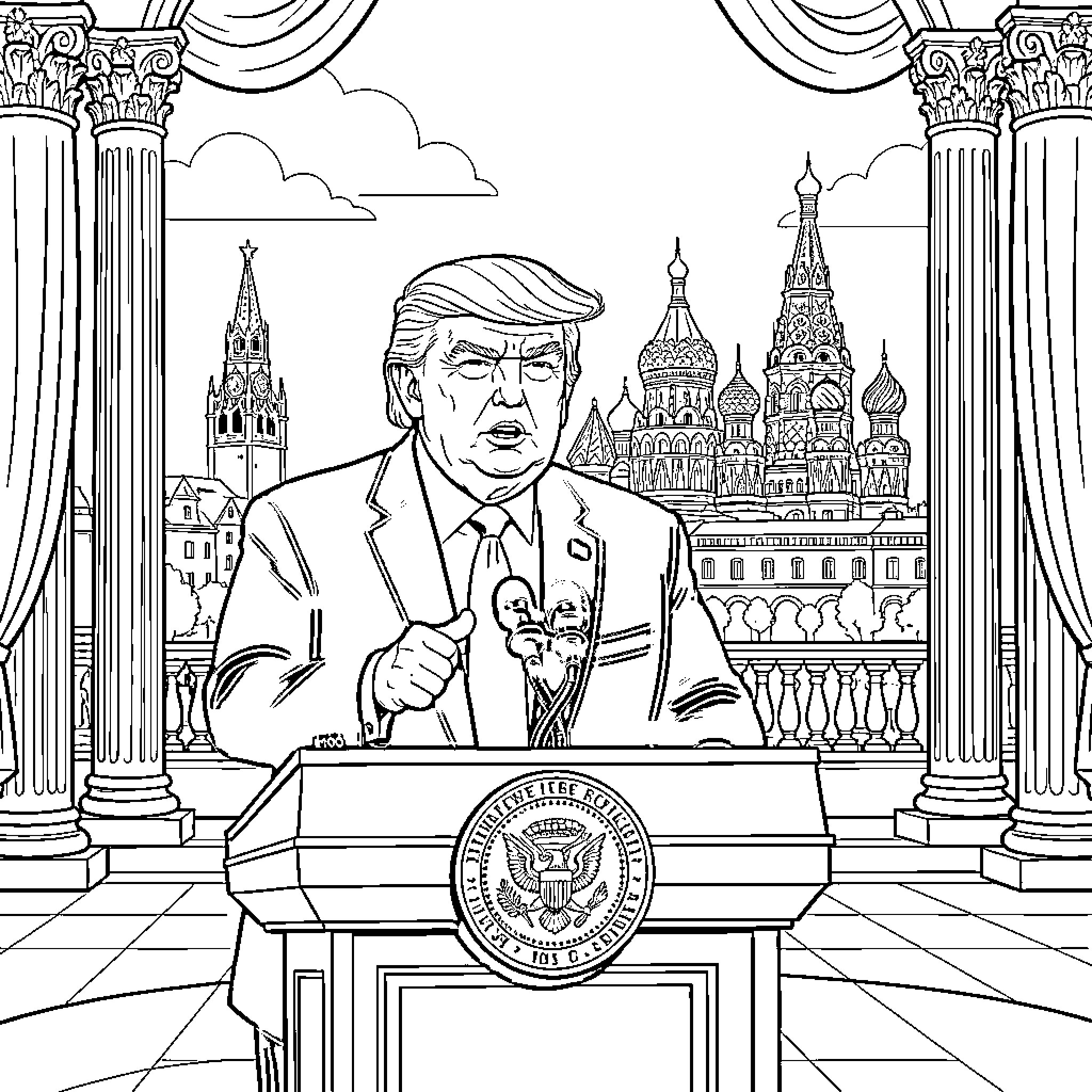 Trump speaking at a podium with city architecture background Coloring Page (free black-and-white line drawing printable PDF for all, from beginners to advanced learners, including children, teens, adults, and seniors)