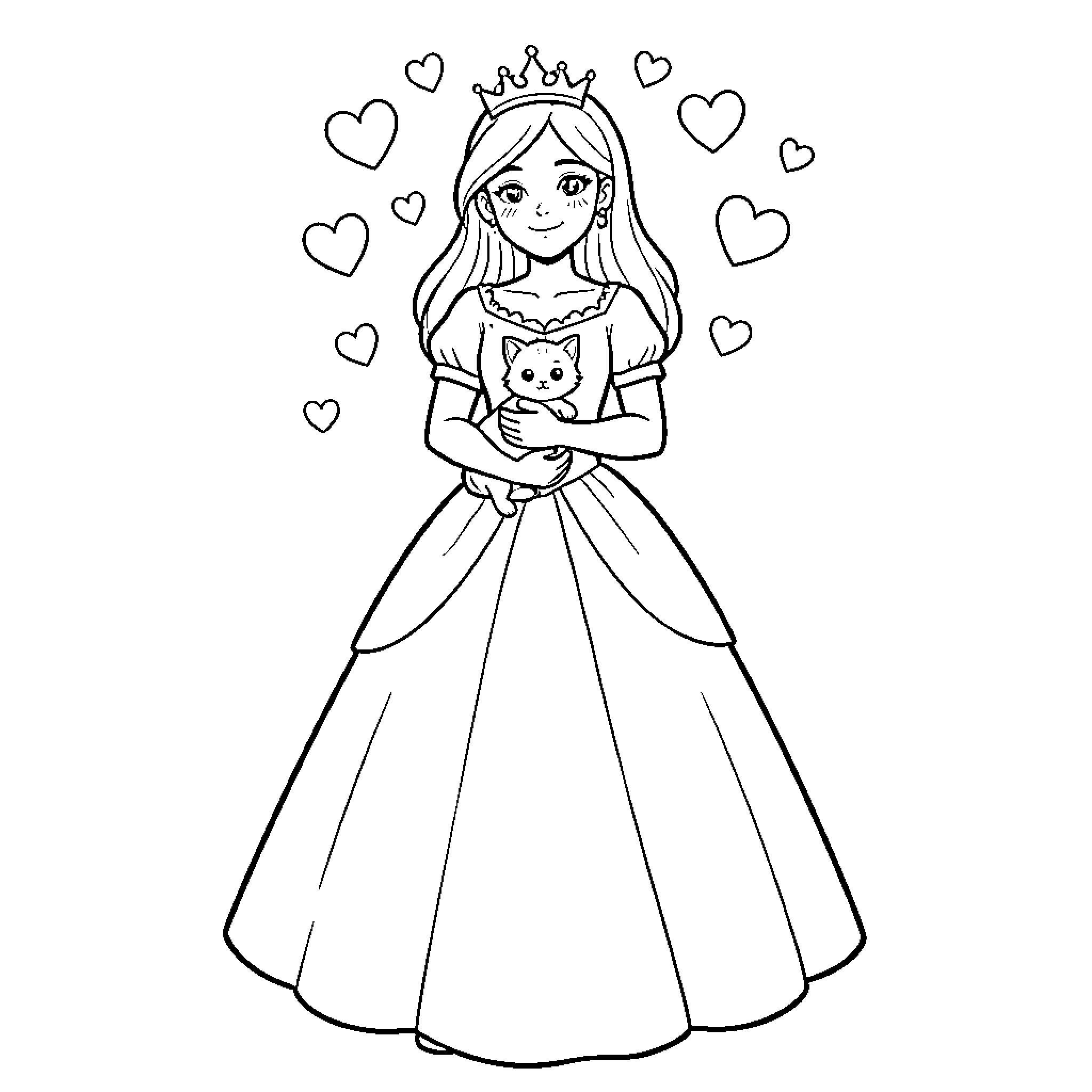 Princess smiling while holding a cute kitten Coloring Page (free black-and-white line drawing printable PDF for all, from beginners to advanced learners, including children, teens, adults, and seniors)