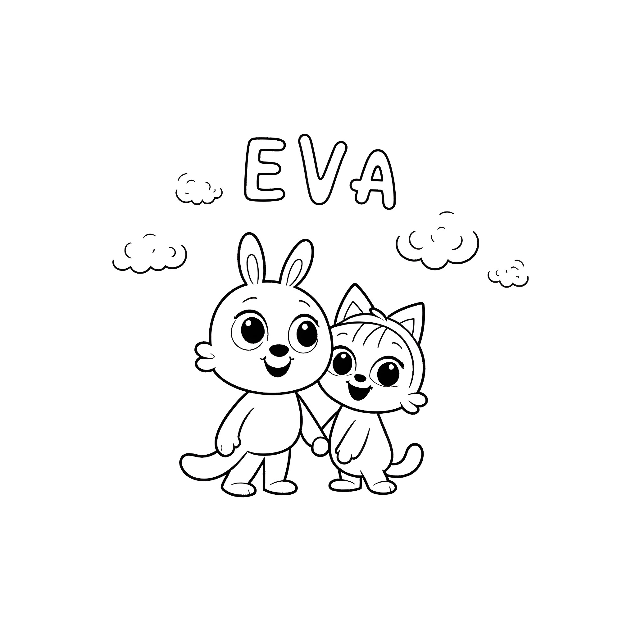JayJay's Cute Bunny Friends Explore the Clouds Coloring Page (free black-and-white line drawing printable PDF for all, from beginners to advanced learners, including children, teens, adults, and seniors)