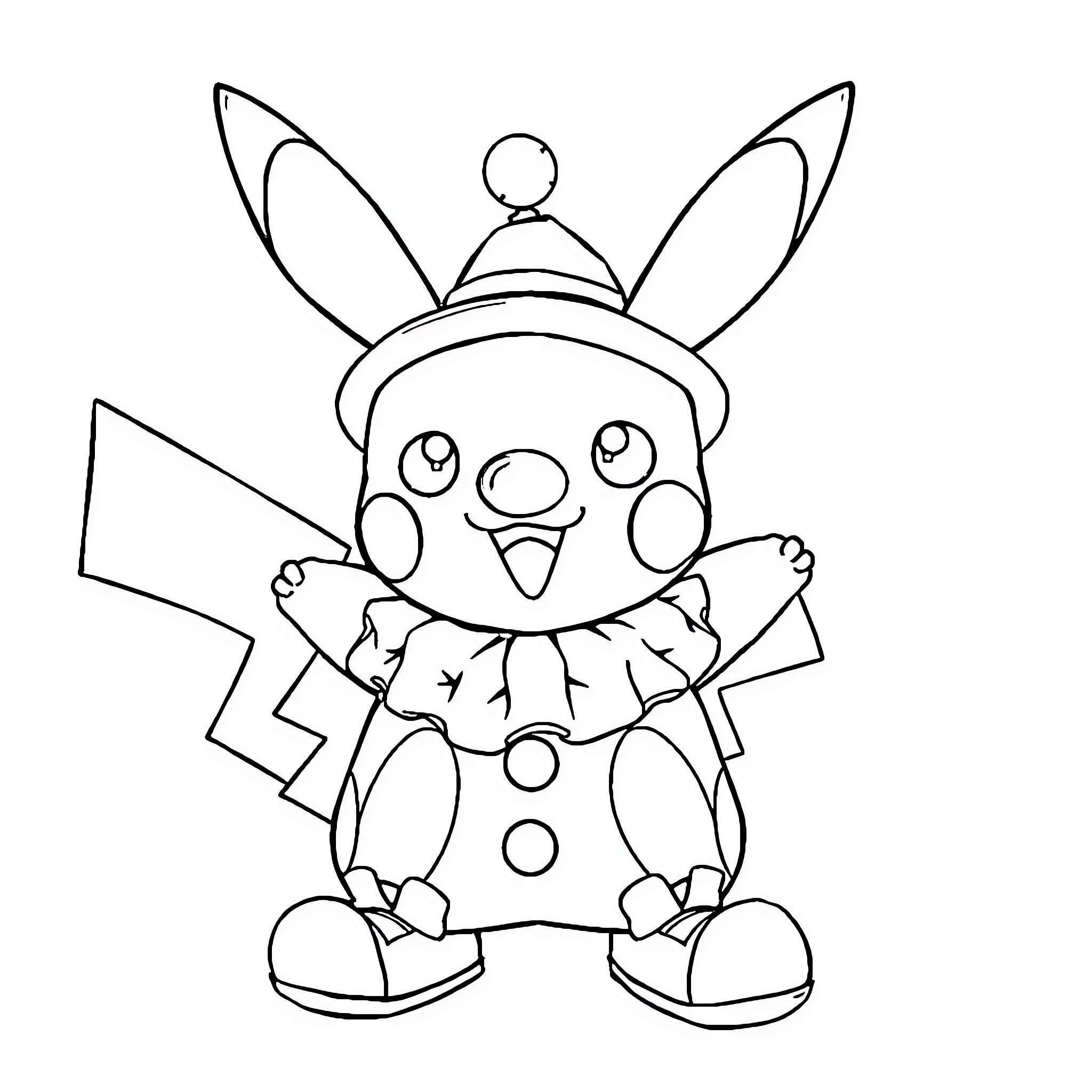 Pikachu dressed as a clown with a happy expression Coloring Page (free black-and-white line drawing printable PDF for all, from beginners to advanced learners, including children, teens, adults, and seniors)