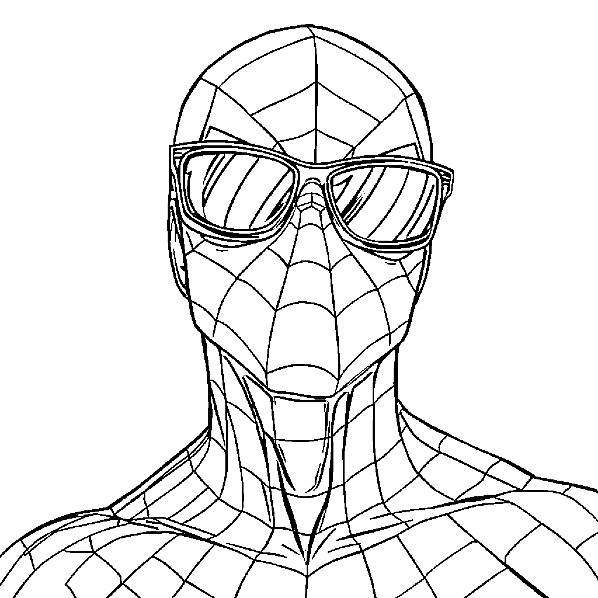 Spidey in stylish shades with intricate web design Coloring Page (free black-and-white line drawing printable PDF for all, from beginners to advanced learners, including children, teens, adults, and seniors)