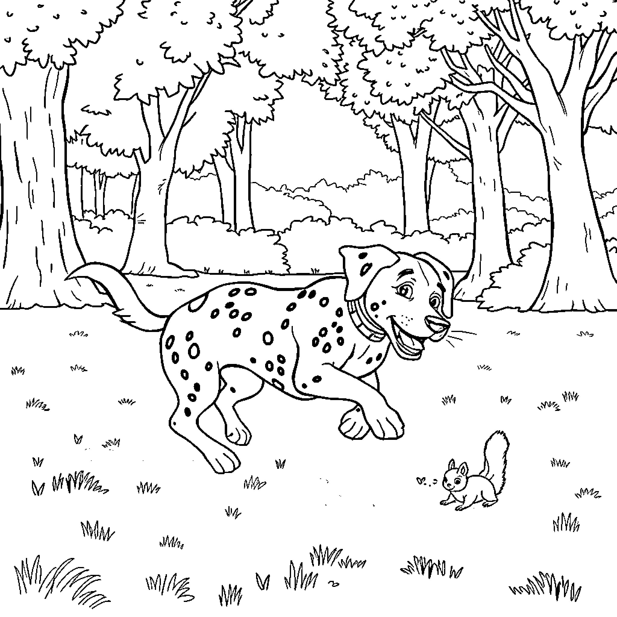 Dalmatian exploring the forest with rabbit Coloring Page (free black-and-white line drawing printable PDF for all, from beginners to advanced learners, including children, teens, adults, and seniors)