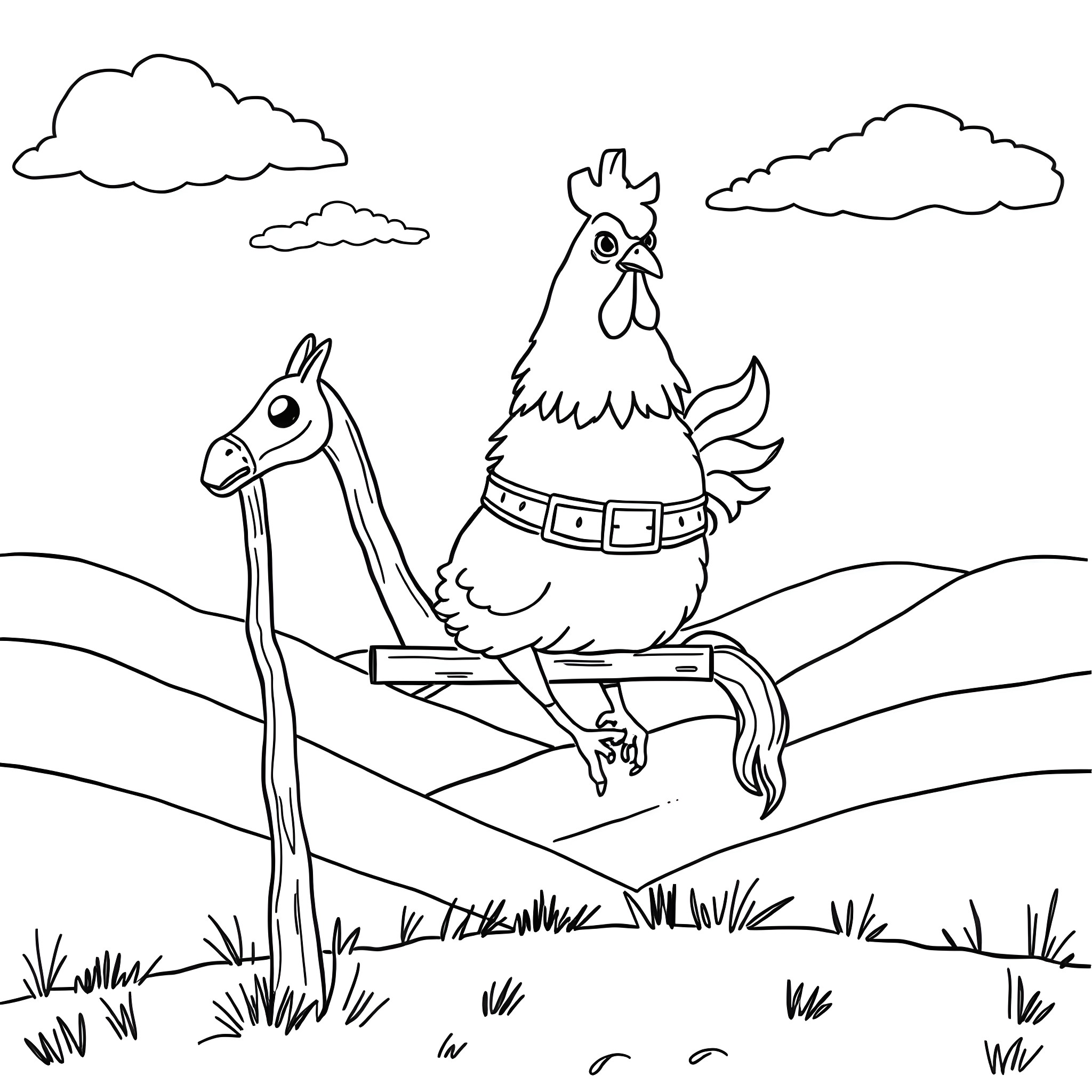 Chicken riding a horse in a field Coloring Page (free black-and-white line drawing printable PDF for all, from beginners to advanced learners, including children, teens, adults, and seniors)