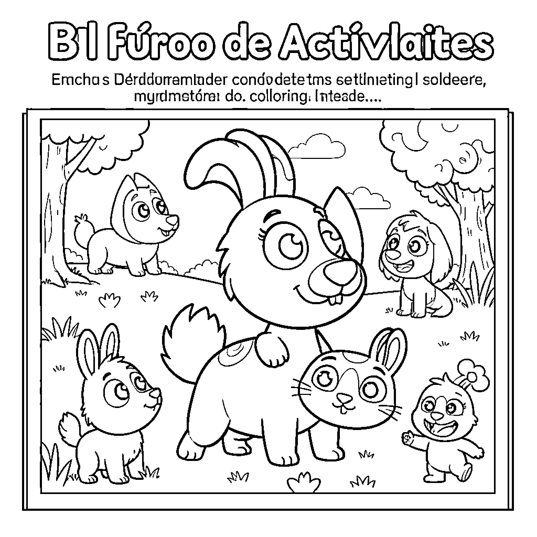 Bluey's Fun-Filled Adventure with Furry Friends Coloring Page (free black-and-white line drawing printable PDF for all, from beginners to advanced learners, including children, teens, adults, and seniors)