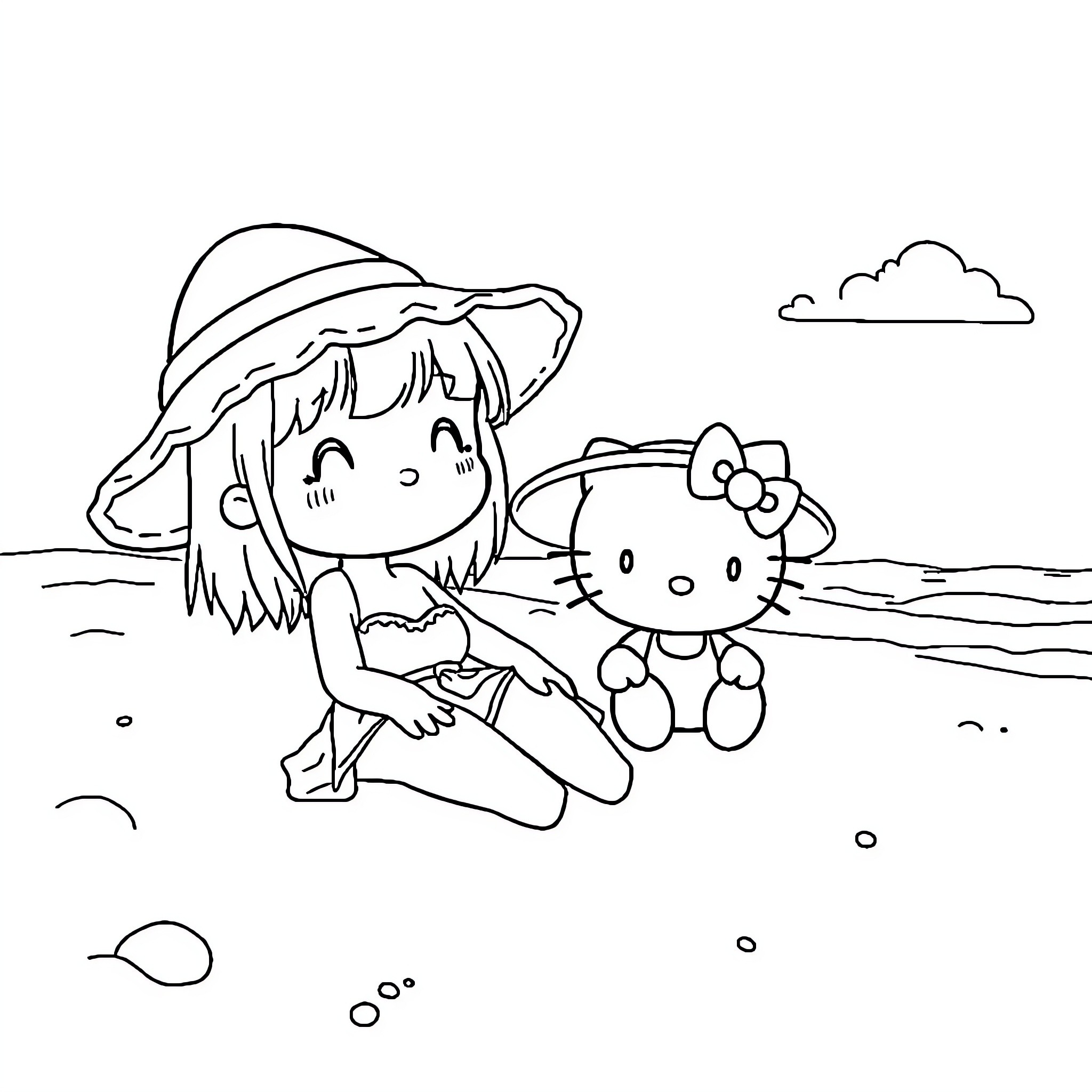 Kuromi enjoys a sunny day at the beach with Hello Kitty Coloring Page (free black-and-white line drawing printable PDF for all, from beginners to advanced learners, including children, teens, adults, and seniors)