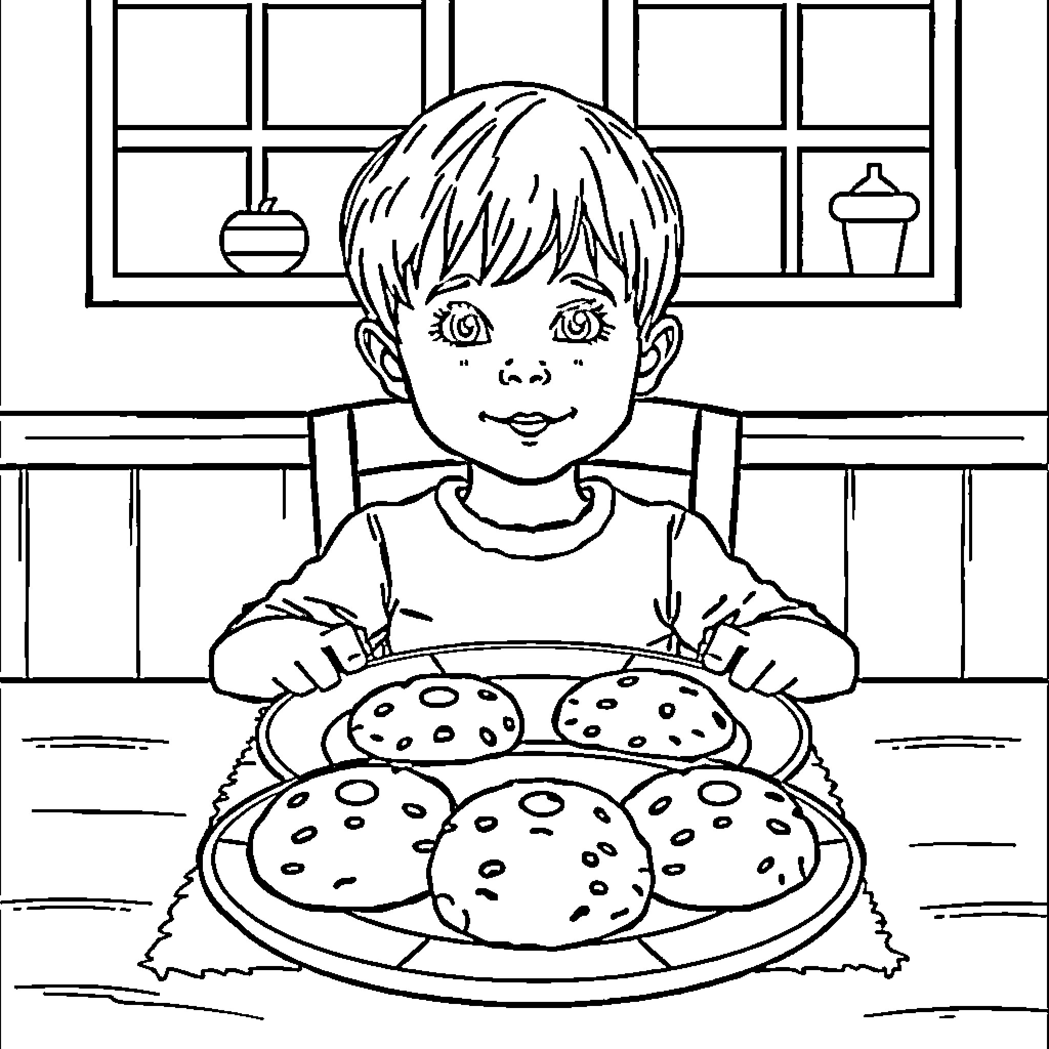 Boy enjoying homemade cookies in the kitchen Coloring Page (free black-and-white line drawing printable PDF for all, from beginners to advanced learners, including children, teens, adults, and seniors)
