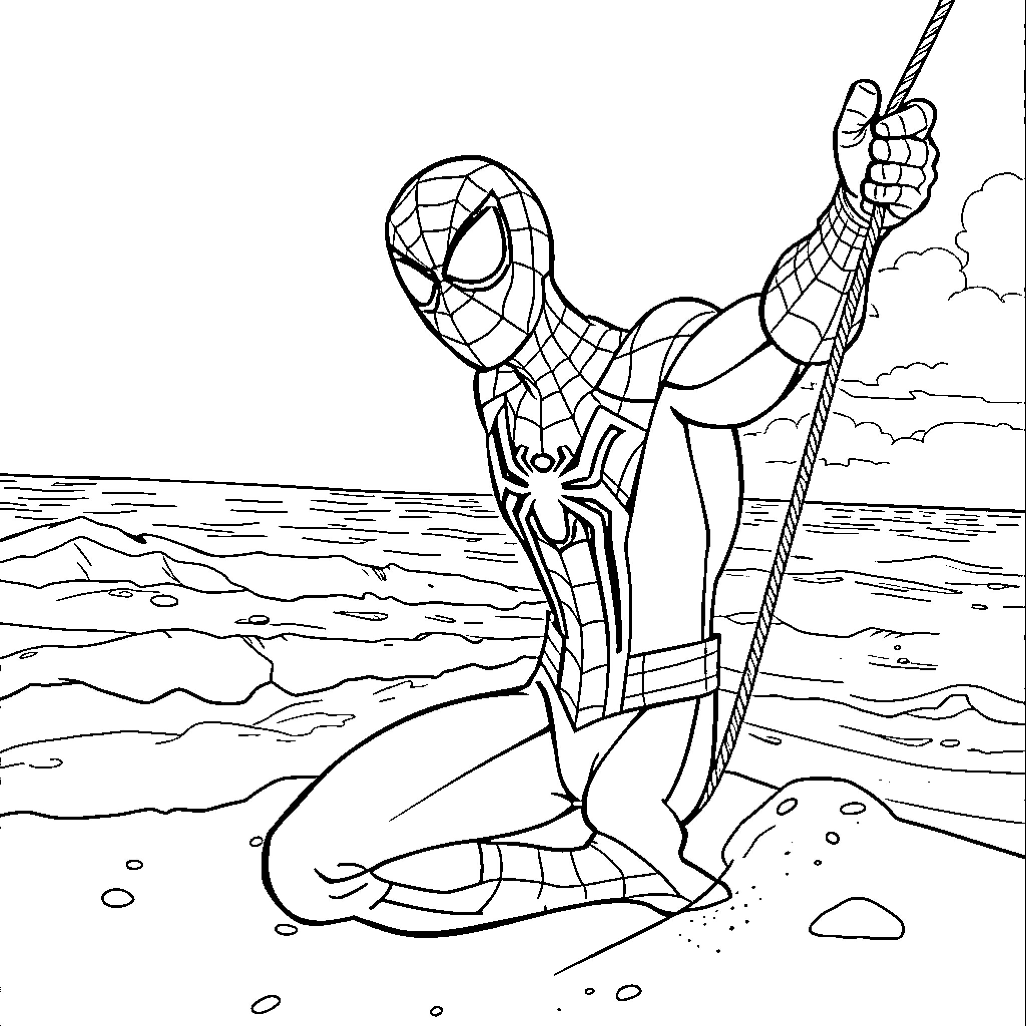 Spider-Man swinging above the sea Coloring Page (free black-and-white line drawing printable PDF for all, from beginners to advanced learners, including children, teens, adults, and seniors)