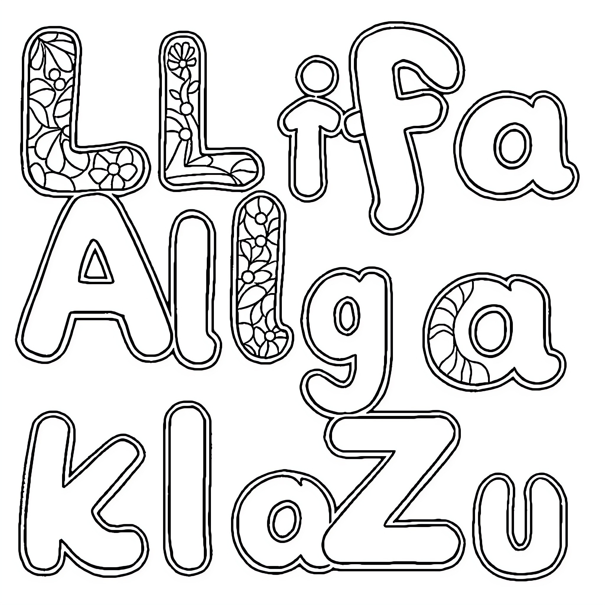 Alphabet Shapes with Floral Patterns Coloring Page (free black-and-white line drawing printable PDF for all, from beginners to advanced learners, including children, teens, adults, and seniors)