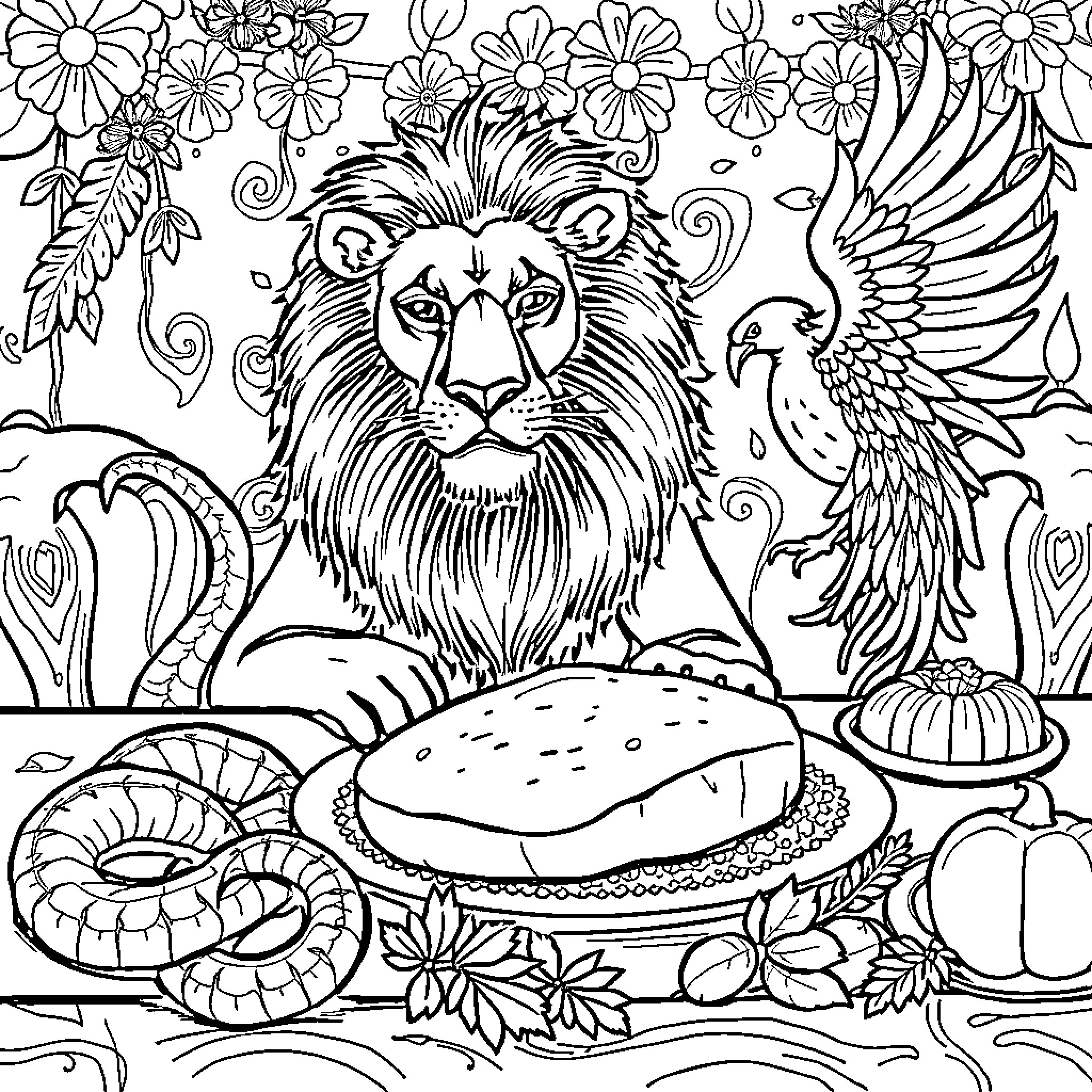 Lion feasting on a hearty meal surrounded by flowers Coloring Page (free black-and-white line drawing printable PDF for all, from beginners to advanced learners, including children, teens, adults, and seniors)