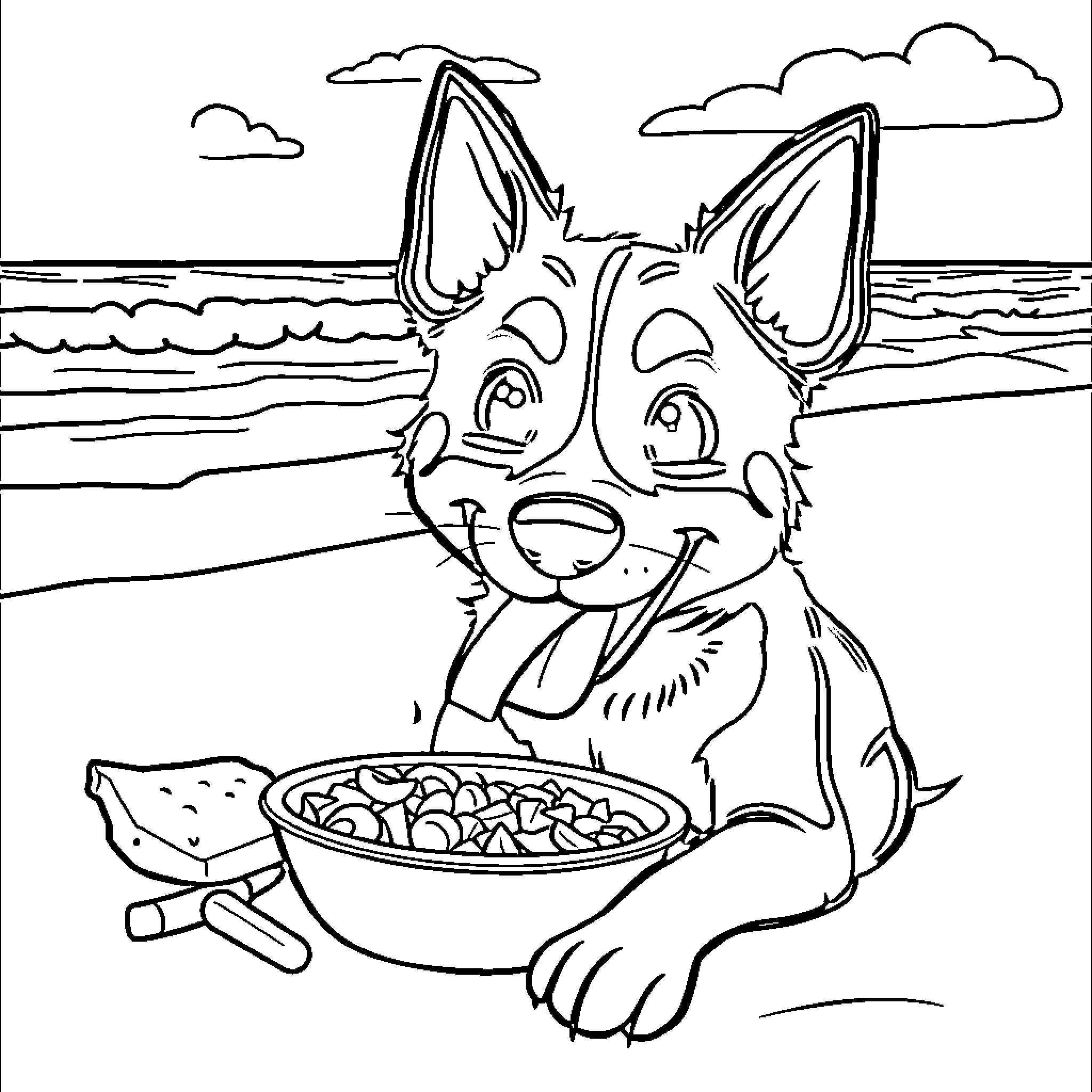 Dog enjoying a meal on the beach Coloring Page (free black-and-white line drawing printable PDF for all, from beginners to advanced learners, including children, teens, adults, and seniors)