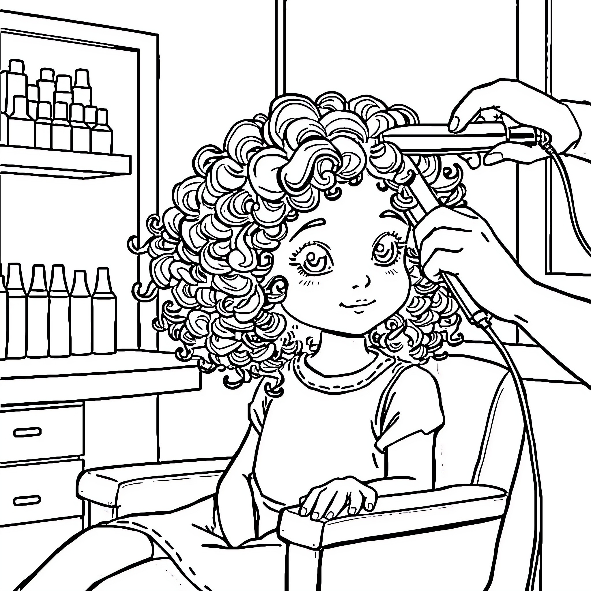 Girl getting her hair styled at a salon Coloring Page (free black-and-white line drawing printable PDF for all, from beginners to advanced learners, including children, teens, adults, and seniors)