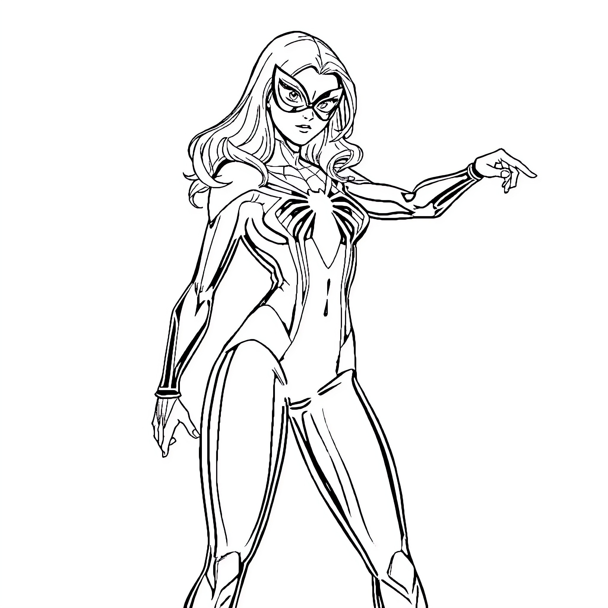 Spider Gwen's Heroic Pose Coloring Page (free black-and-white line drawing printable PDF for all, from beginners to advanced learners, including children, teens, adults, and seniors)