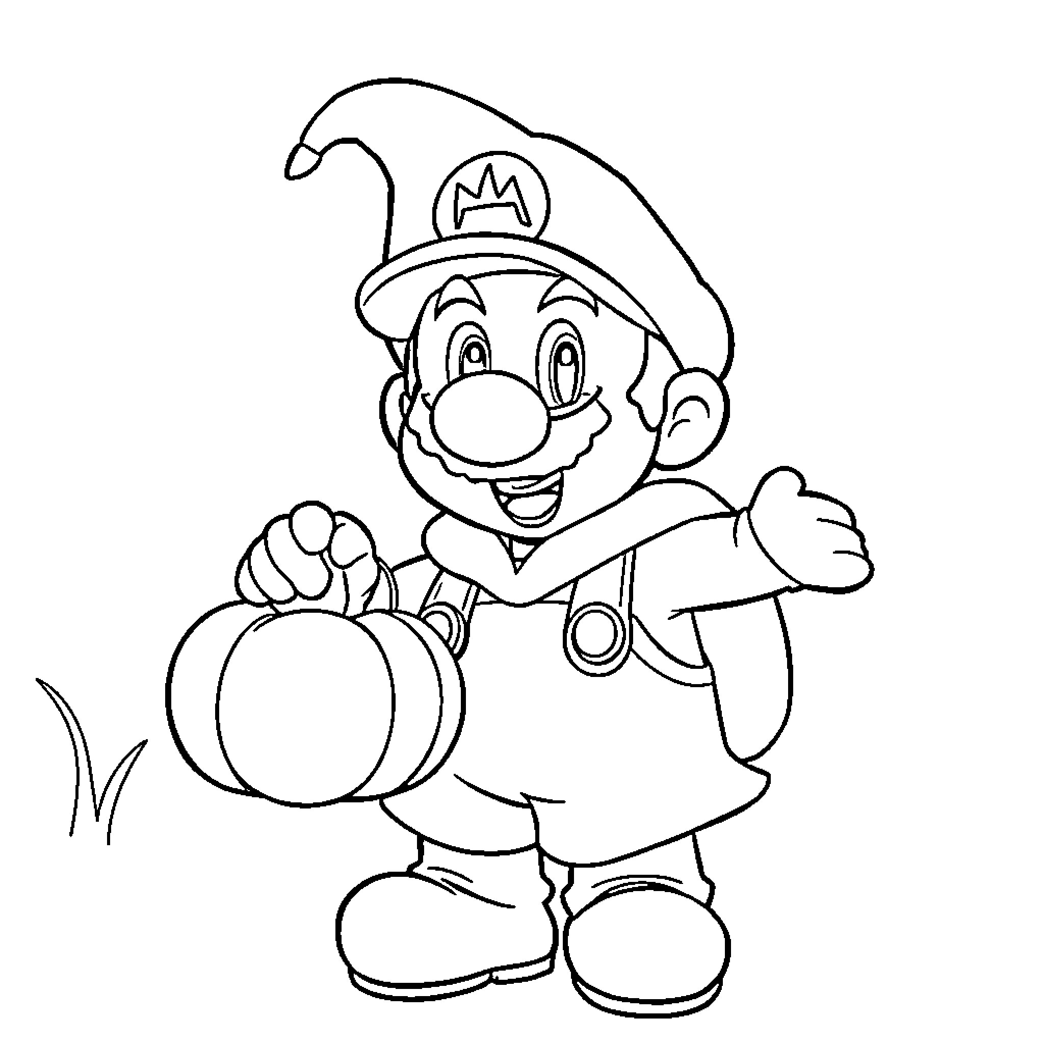 Mario happily holding a pumpkin Coloring Page (free black-and-white line drawing printable PDF for all, from beginners to advanced learners, including children, teens, adults, and seniors)