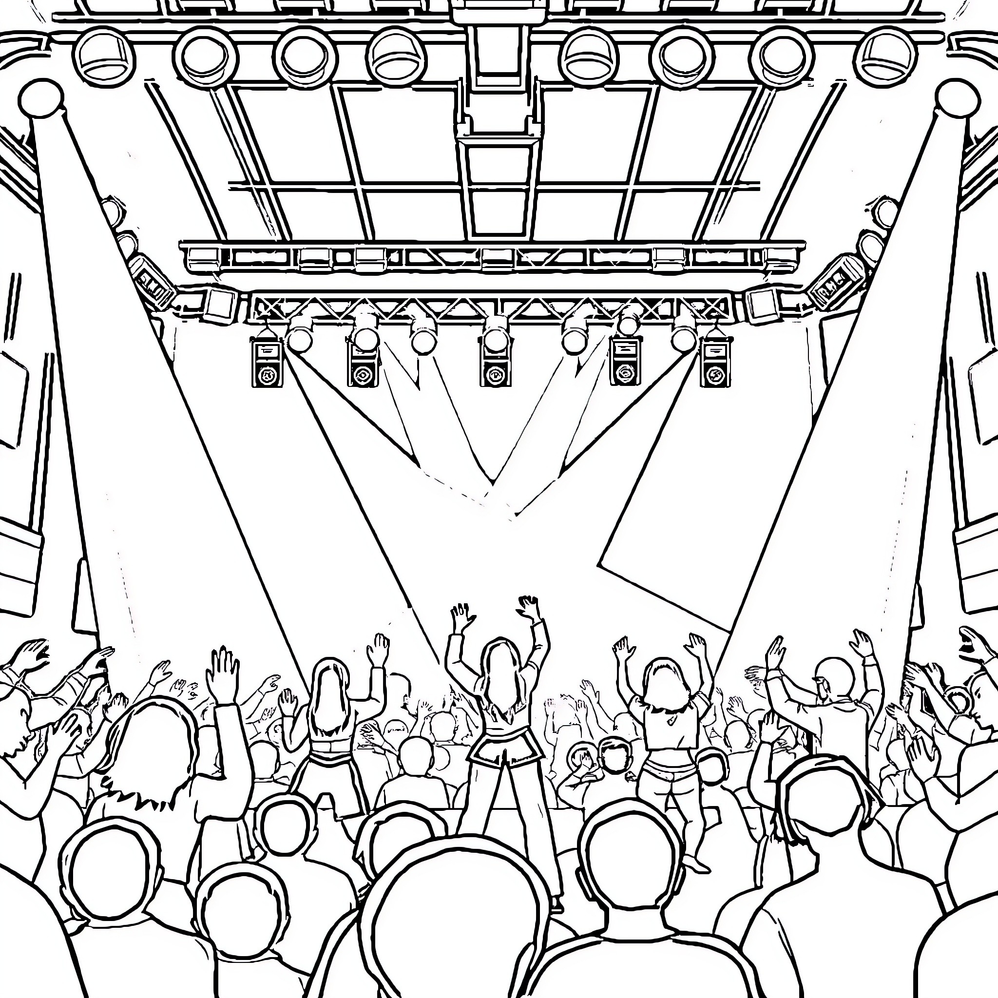 Kpop Concert with Energetic Crowd and Stage Lighting Coloring Page (free black-and-white line drawing printable PDF for all, from beginners to advanced learners, including children, teens, adults, and seniors)