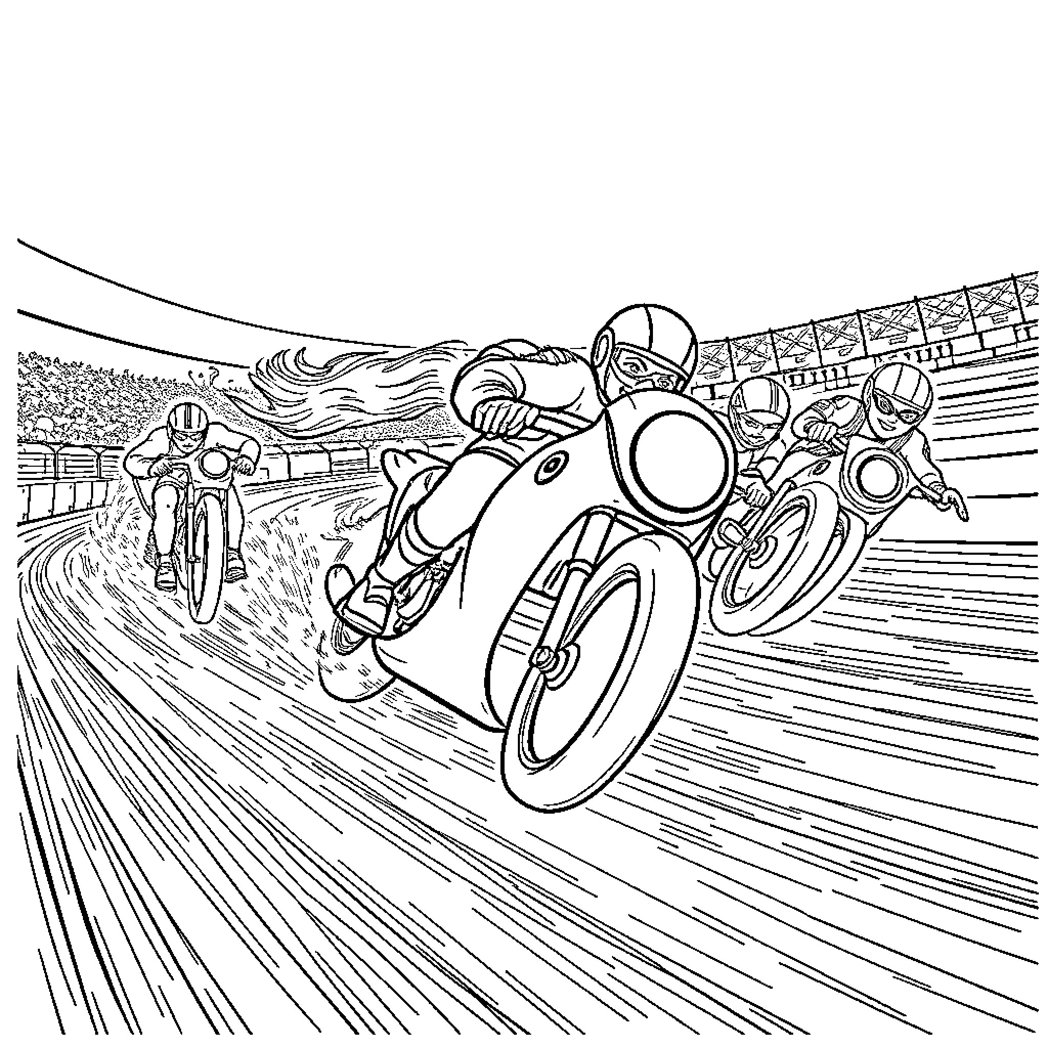 Queen Racers Compete in High-Speed Motorcycle Tournament Coloring Page (free black-and-white line drawing printable PDF for all, from beginners to advanced learners, including children, teens, adults, and seniors)