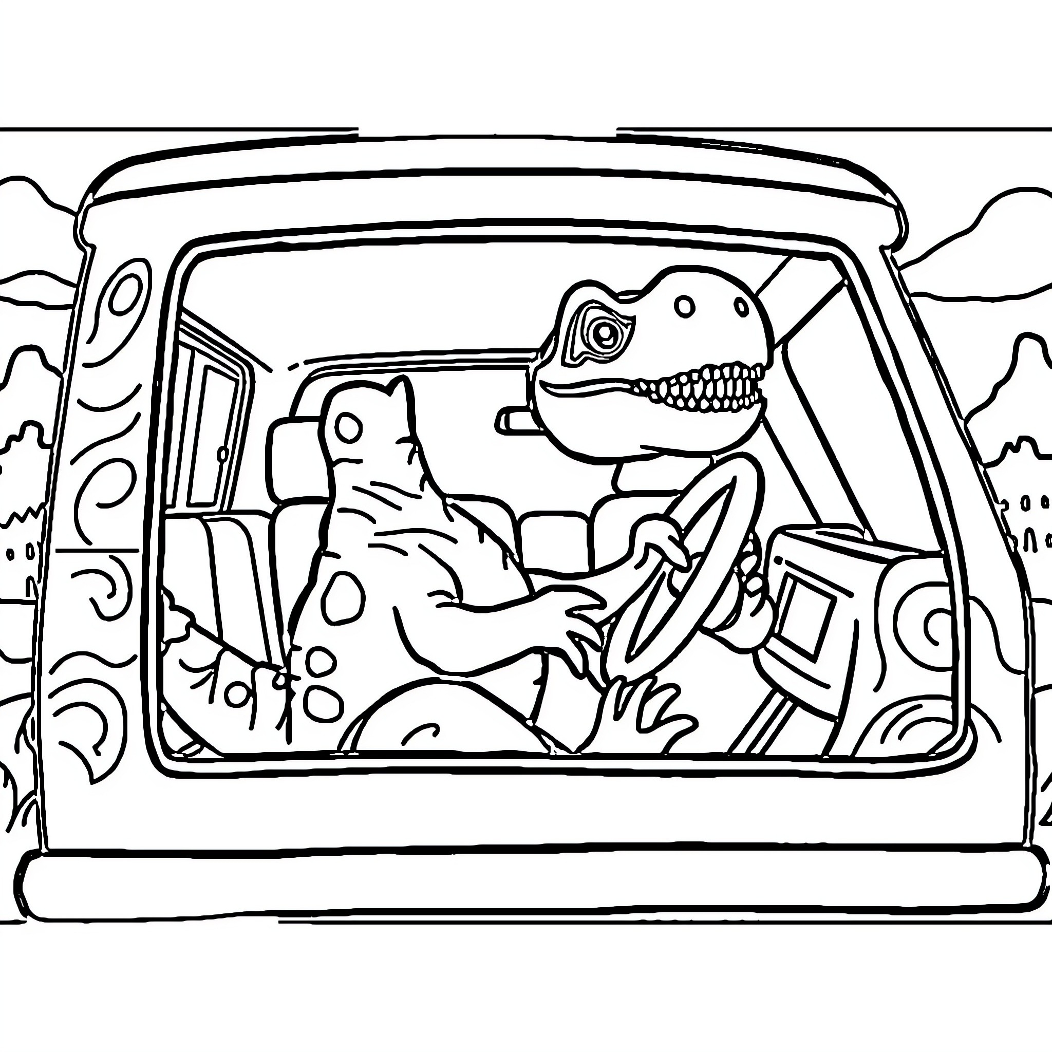 Dinosaur driving a fun road trip vehicle Coloring Page (free black-and-white line drawing printable PDF for all, from beginners to advanced learners, including children, teens, adults, and seniors)