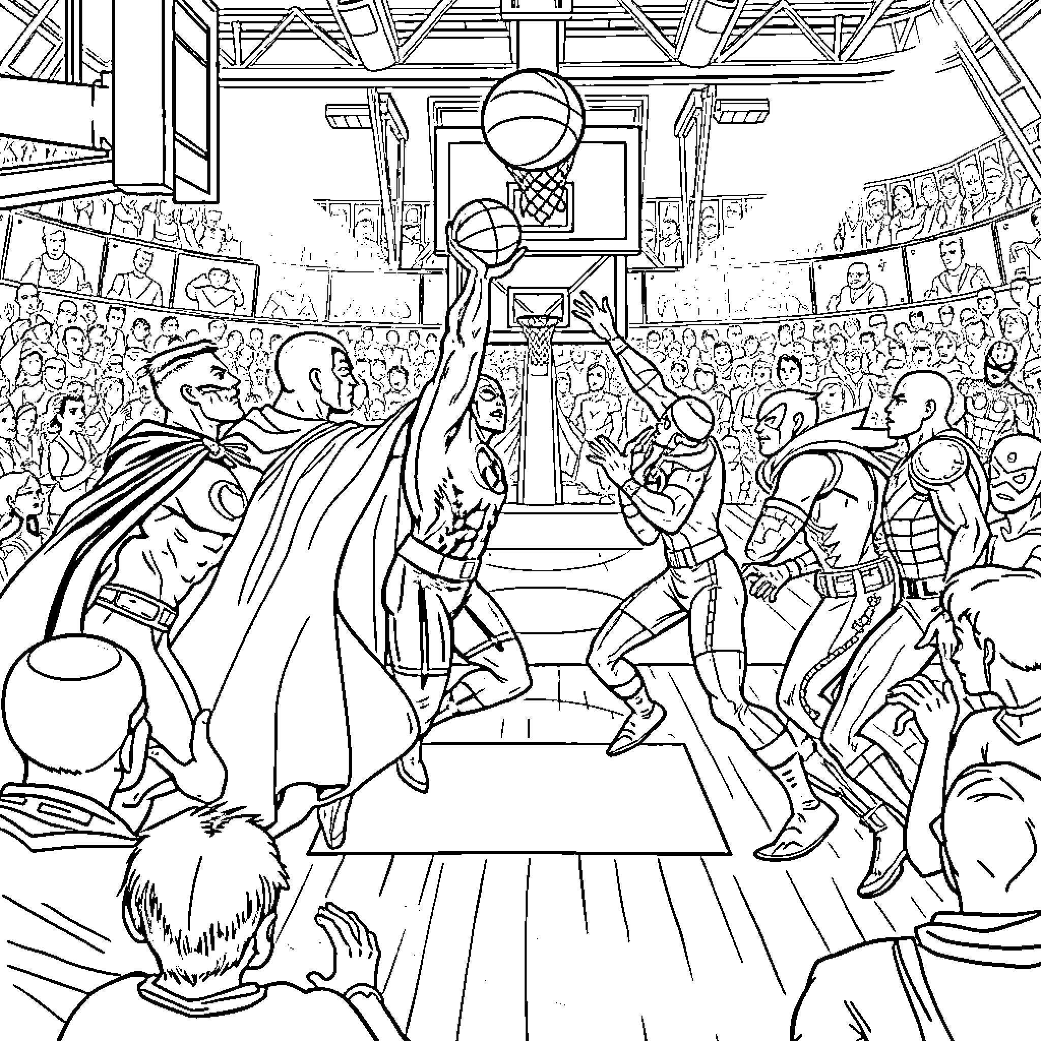 Superhero Basketball Game in Crowded Arena Coloring Page (free black-and-white line drawing printable PDF for all, from beginners to advanced learners, including children, teens, adults, and seniors)