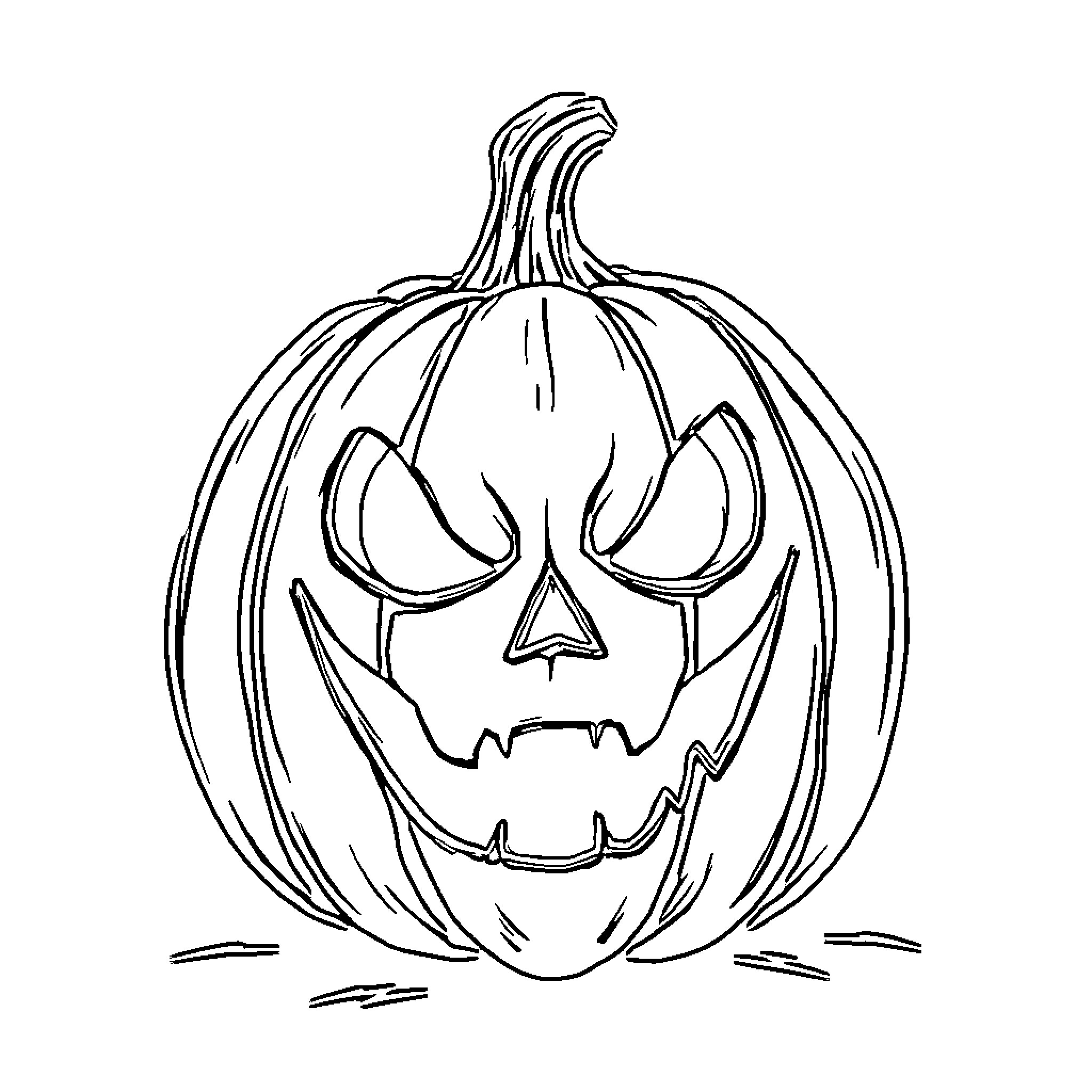 Pumpkin with frightening carved face Coloring Page (free black-and-white line drawing printable PDF for all, from beginners to advanced learners, including children, teens, adults, and seniors)
