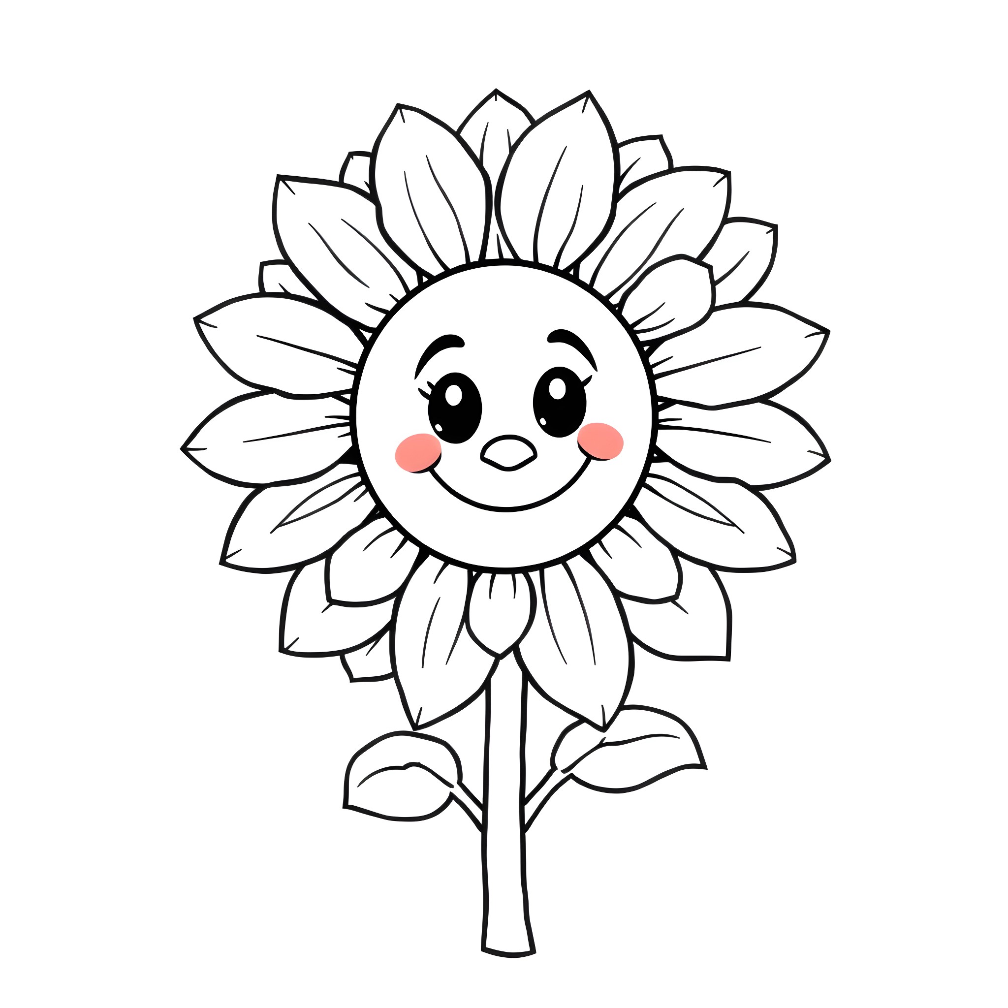 Sunflower with happy expression Coloring Page (free black-and-white line drawing printable PDF for all, from beginners to advanced learners, including children, teens, adults, and seniors)