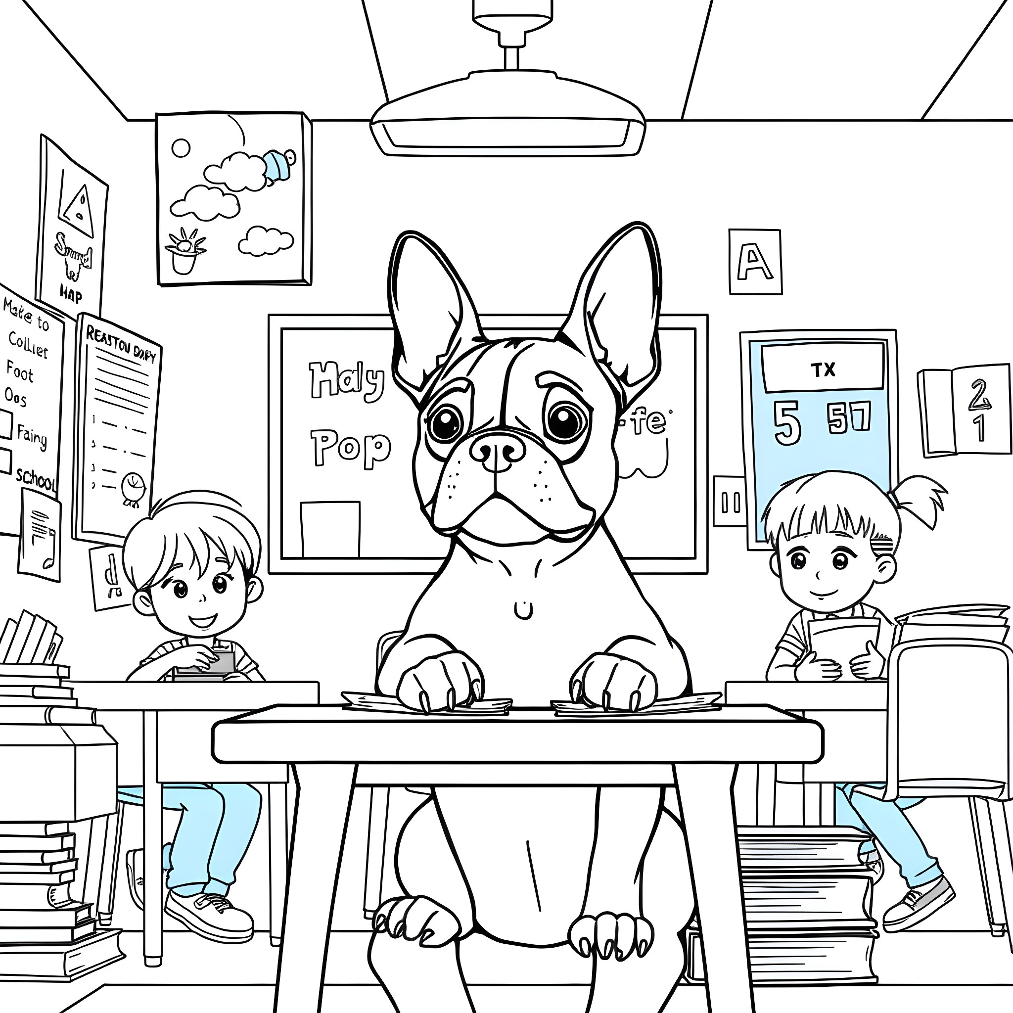 Boston Terrier sitting on a desk in a classroom Coloring Page (free black-and-white line drawing printable PDF for all, from beginners to advanced learners, including children, teens, adults, and seniors)