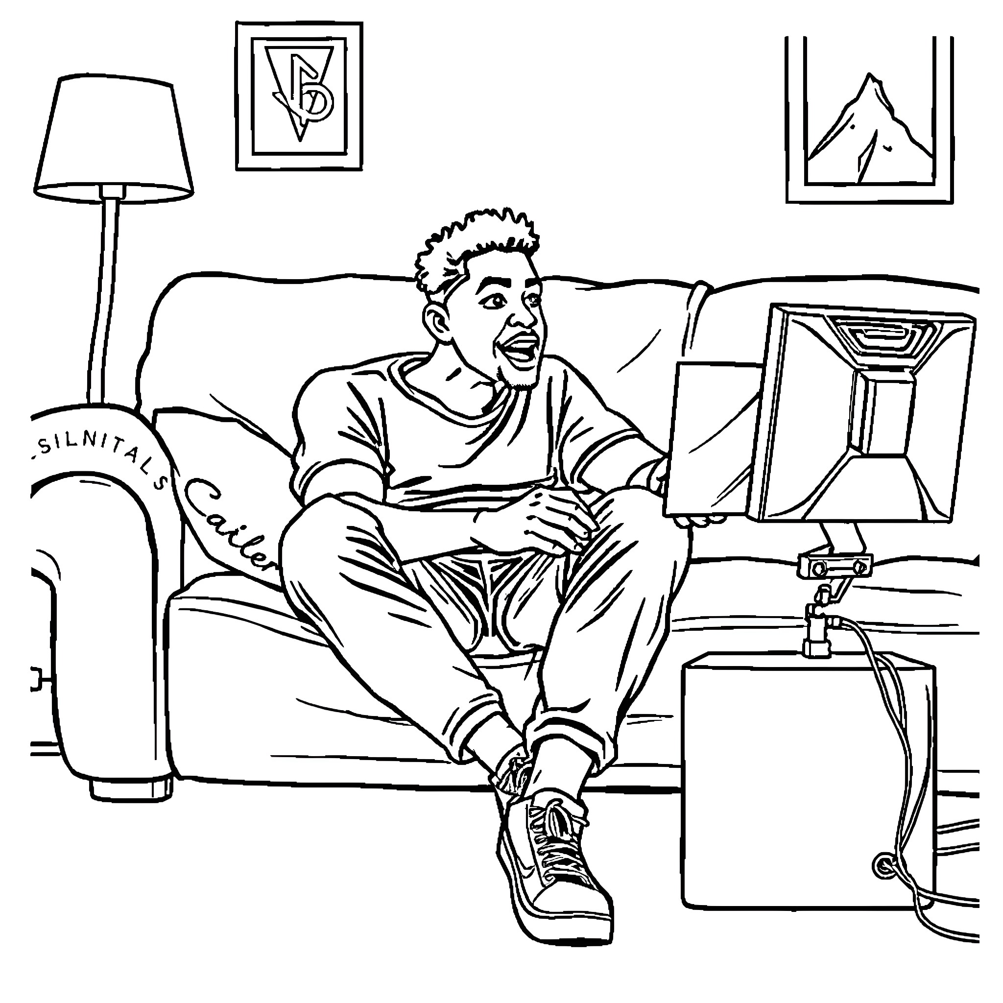 Amir relaxing at home on a couch Coloring Page (free black-and-white line drawing printable PDF for all, from beginners to advanced learners, including children, teens, adults, and seniors)
