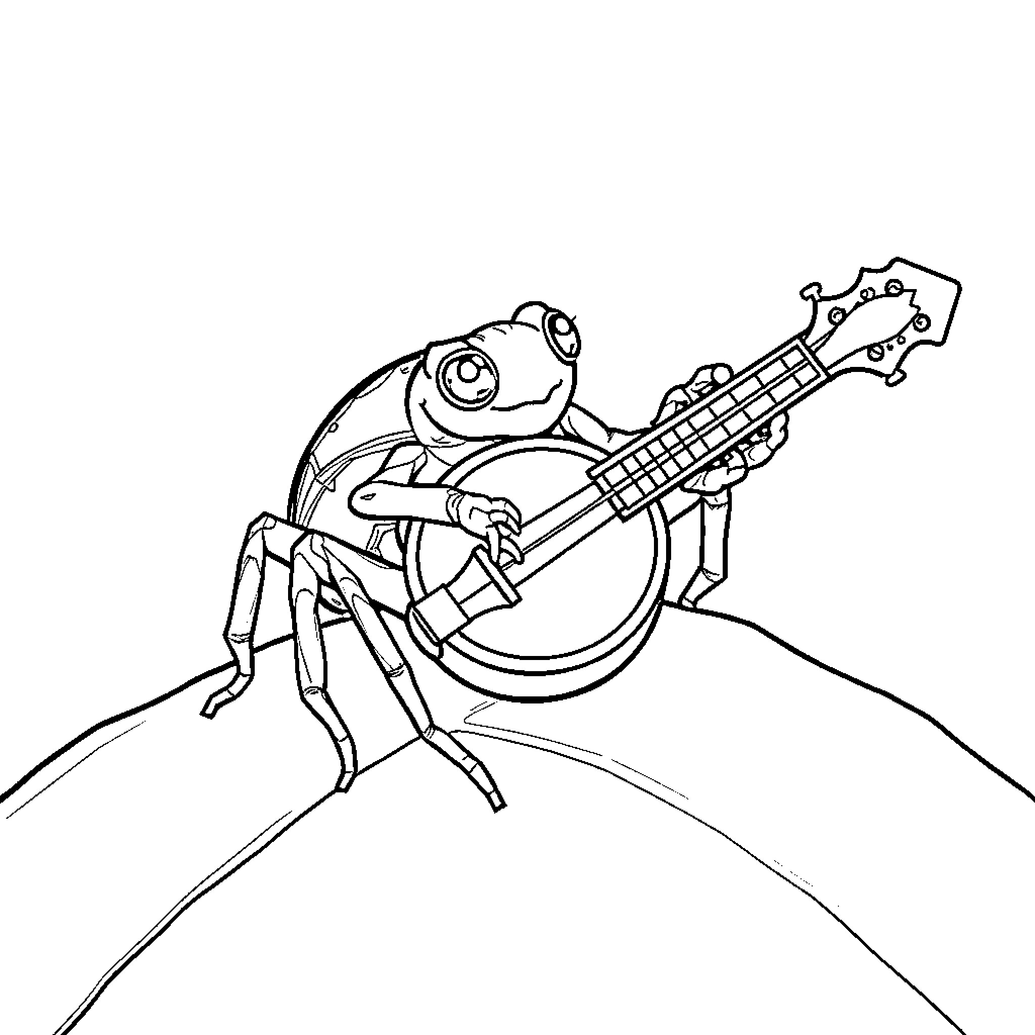Spider playing guitar on a hill Coloring Page (free black-and-white line drawing printable PDF for all, from beginners to advanced learners, including children, teens, adults, and seniors)