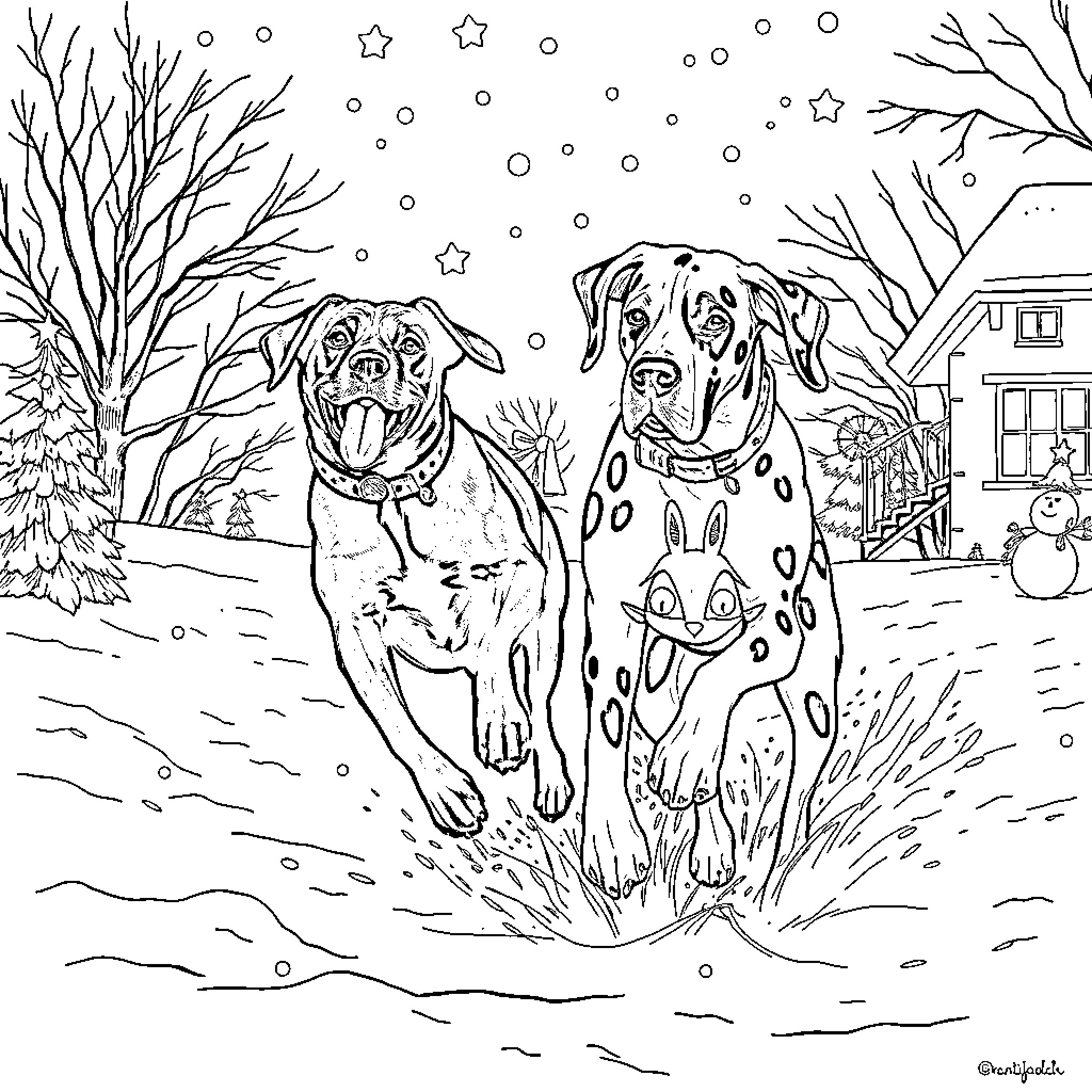 Dog Playing in Snowy Wonderland Coloring Page (free black-and-white line drawing printable PDF for all, from beginners to advanced learners, including children, teens, adults, and seniors)