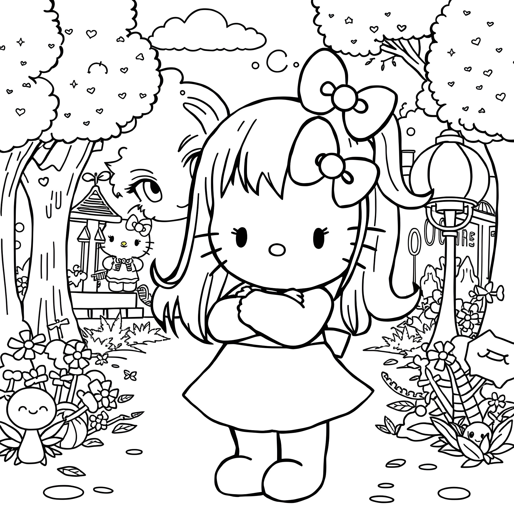 Kuromi in a Whimsical Nature Scene Coloring Page (free black-and-white line drawing printable PDF for all, from beginners to advanced learners, including children, teens, adults, and seniors)
