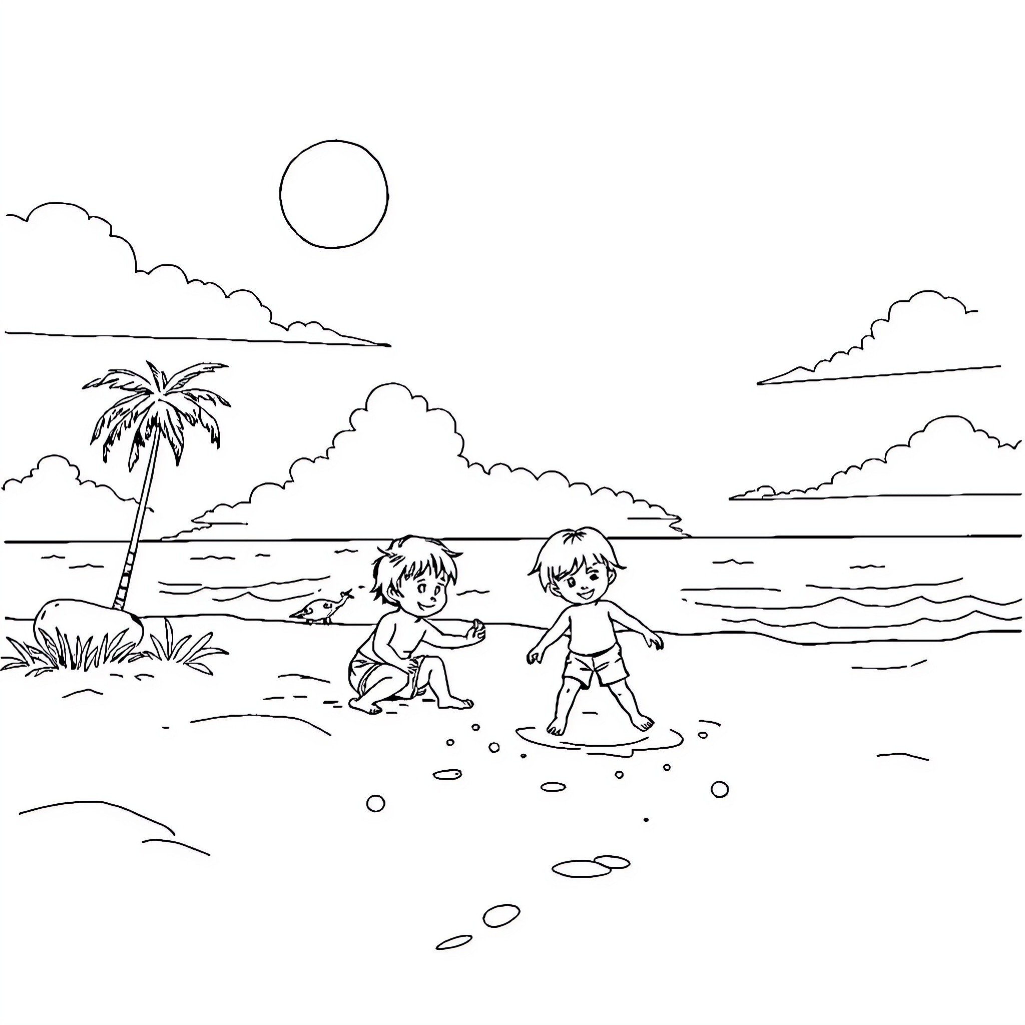 Kids playing joyfully at the beach Coloring Page (free black-and-white line drawing printable PDF for all, from beginners to advanced learners, including children, teens, adults, and seniors)