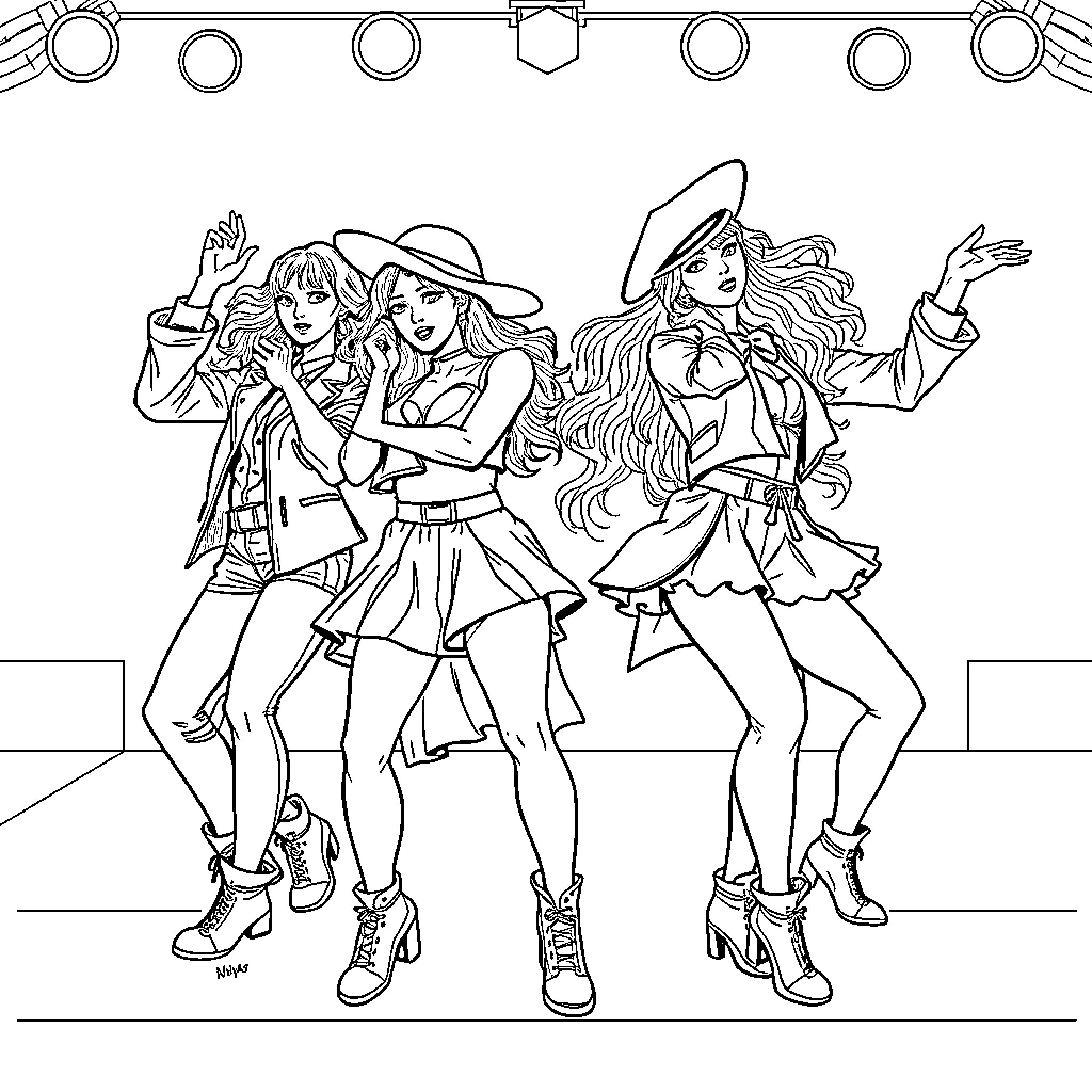 Warrior Dancers Performing on Stage Coloring Page (free black-and-white line drawing printable PDF for all, from beginners to advanced learners, including children, teens, adults, and seniors)