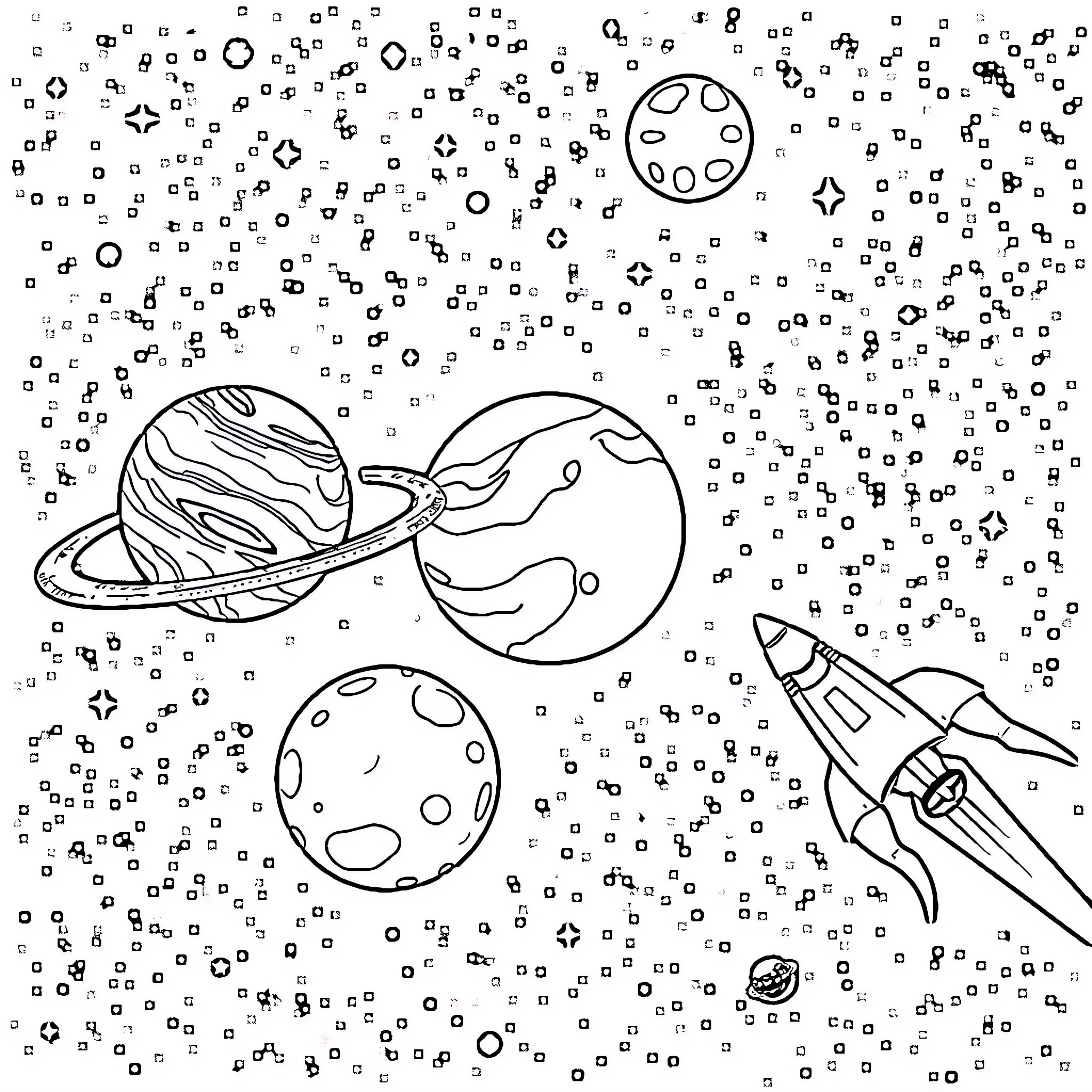 Space adventure with rockets and planets Coloring Page (free black-and-white line drawing printable PDF for all, from beginners to advanced learners, including children, teens, adults, and seniors)