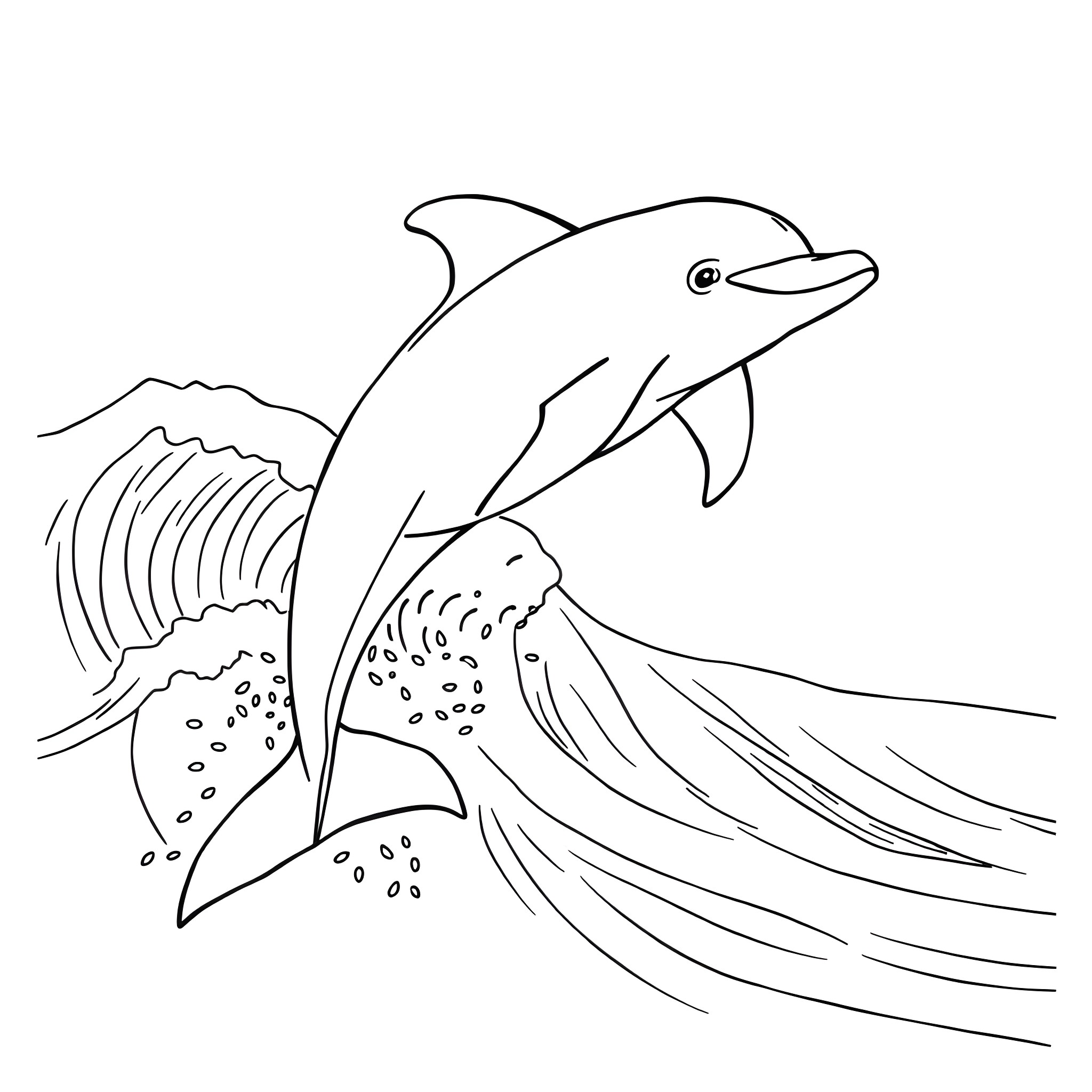 Dolphin jumping out of the ocean waves Coloring Page (free black-and-white line drawing printable PDF for all, from beginners to advanced learners, including children, teens, adults, and seniors)
