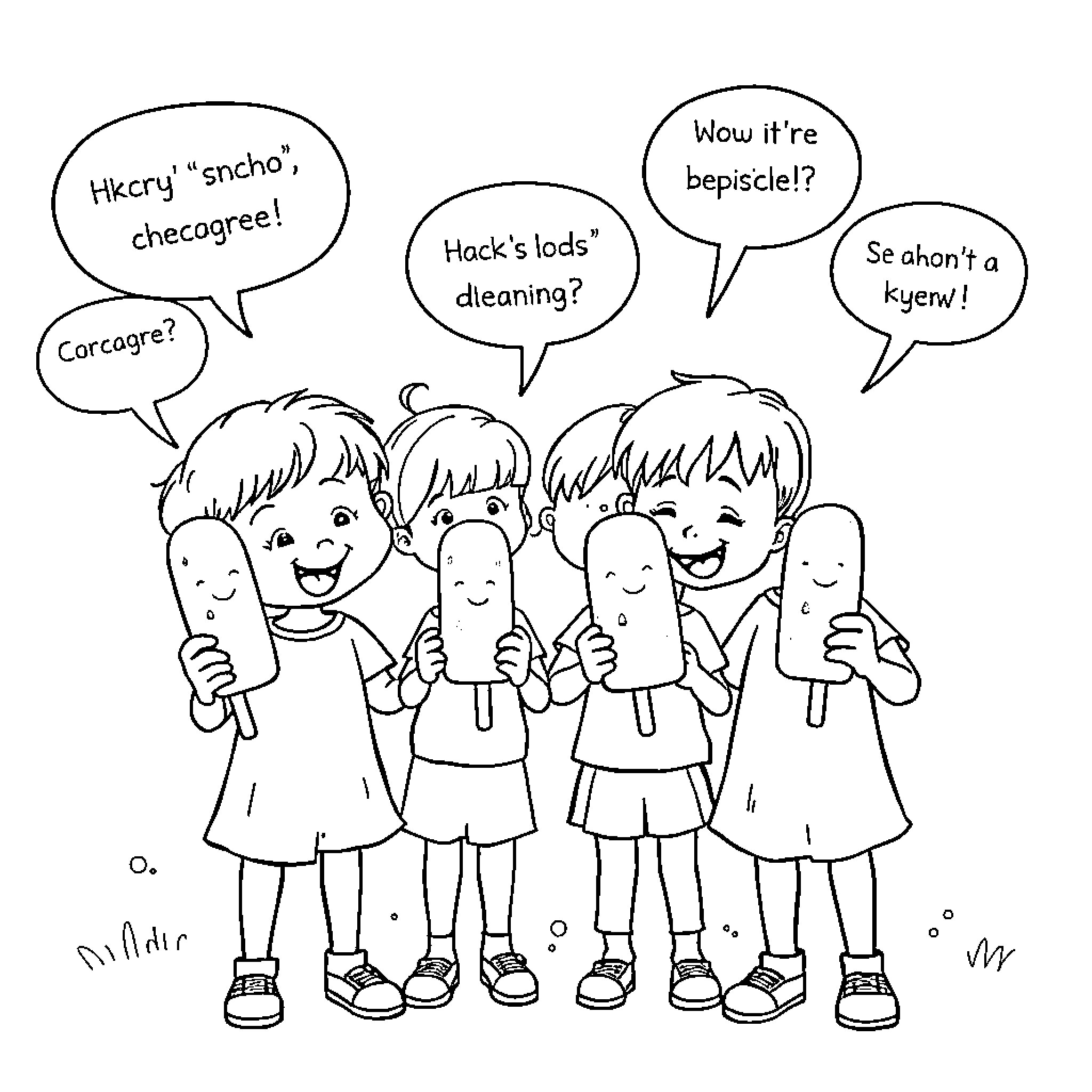 Popsicle-wielding kids enjoying a summer day Coloring Page (free black-and-white line drawing printable PDF for all, from beginners to advanced learners, including children, teens, adults, and seniors)