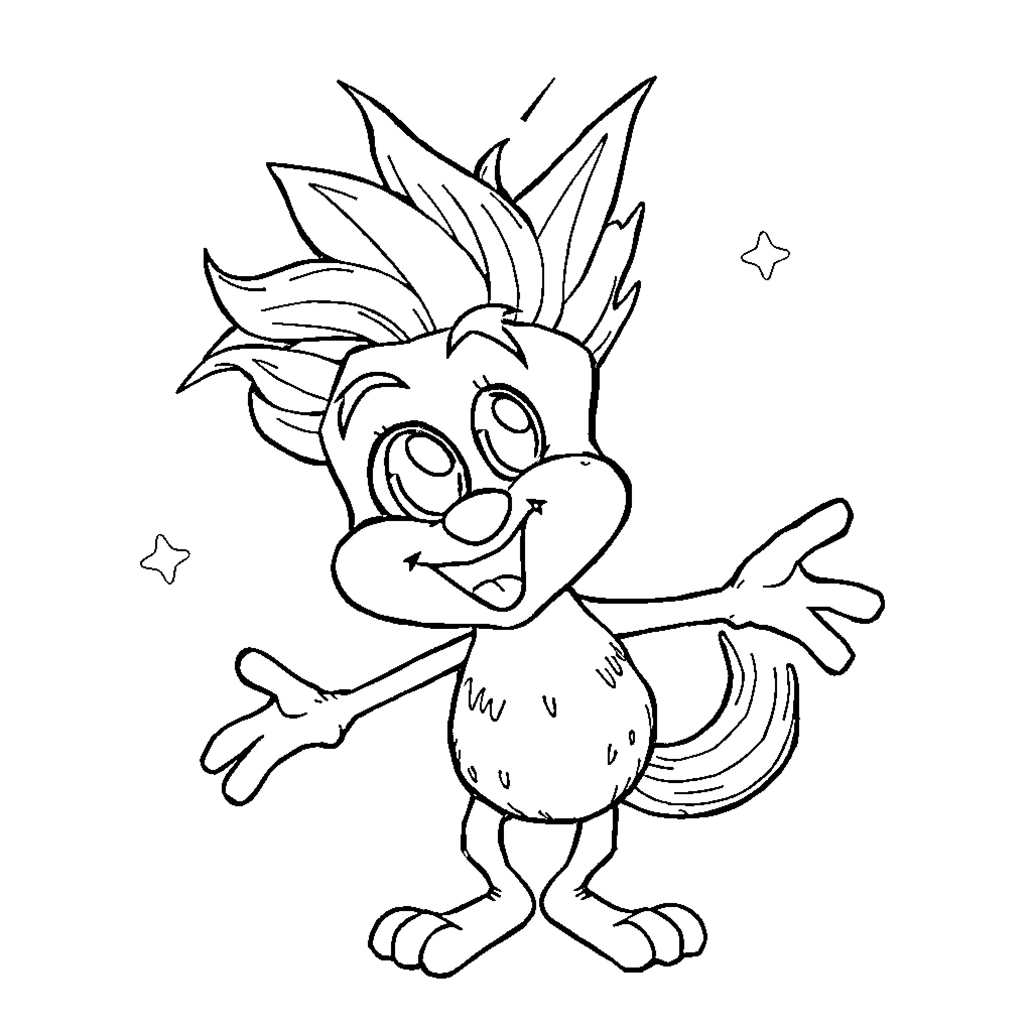Sprunky creature with expressive features Coloring Page (free black-and-white line drawing printable PDF for all, from beginners to advanced learners, including children, teens, adults, and seniors)