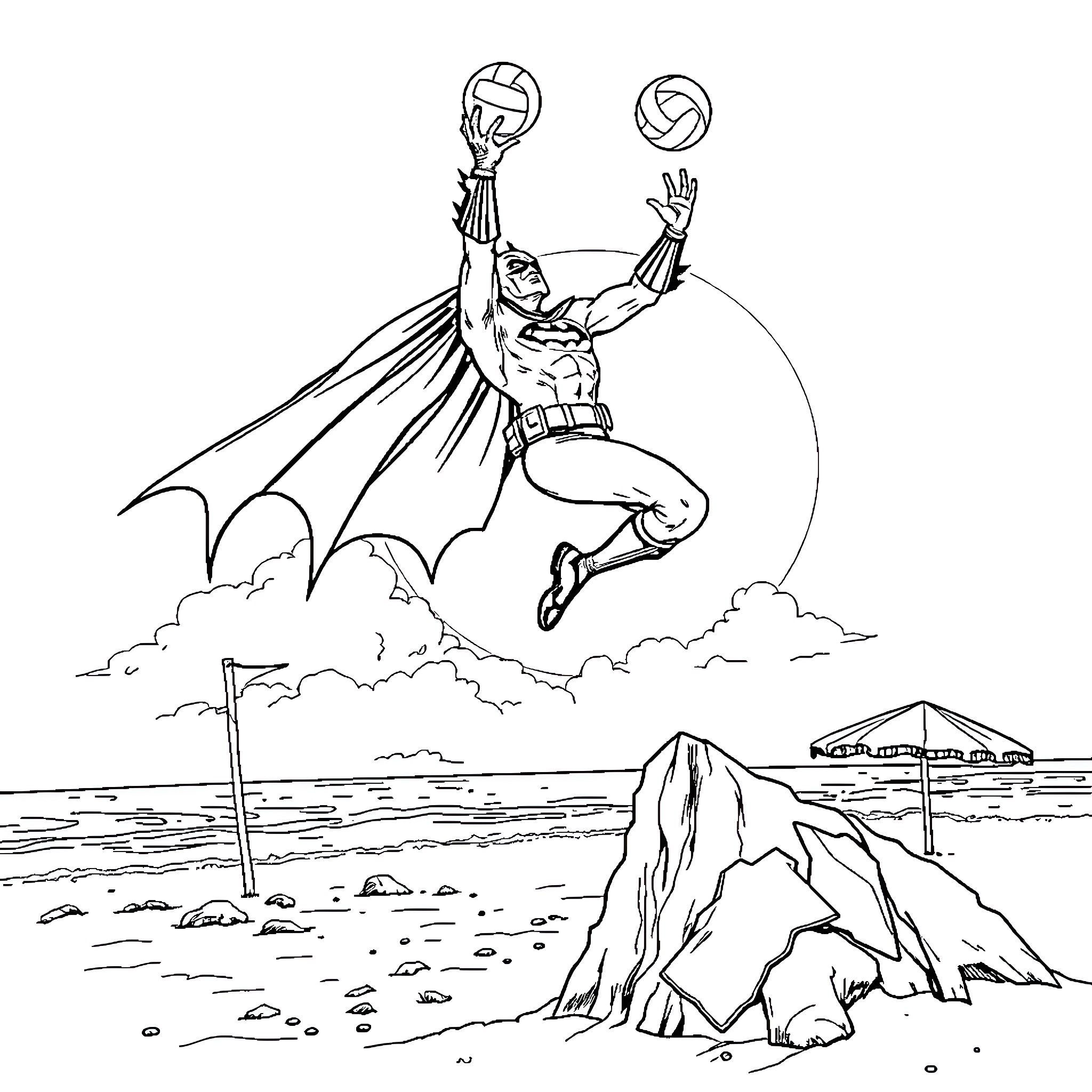 Batman Playing Volleyball in the Sky Coloring Page (free black-and-white line drawing printable PDF for all, from beginners to advanced learners, including children, teens, adults, and seniors)