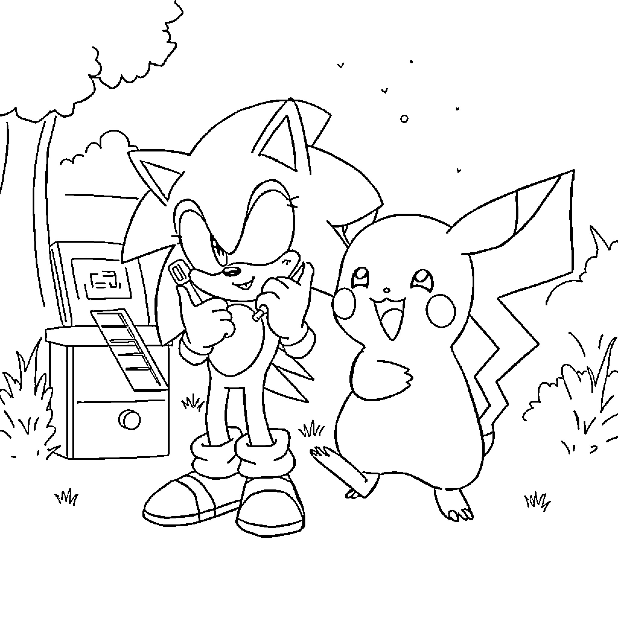 Sonichu and Pikachu in a Playful Outdoors Scene Coloring Page (free black-and-white line drawing printable PDF for all, from beginners to advanced learners, including children, teens, adults, and seniors)