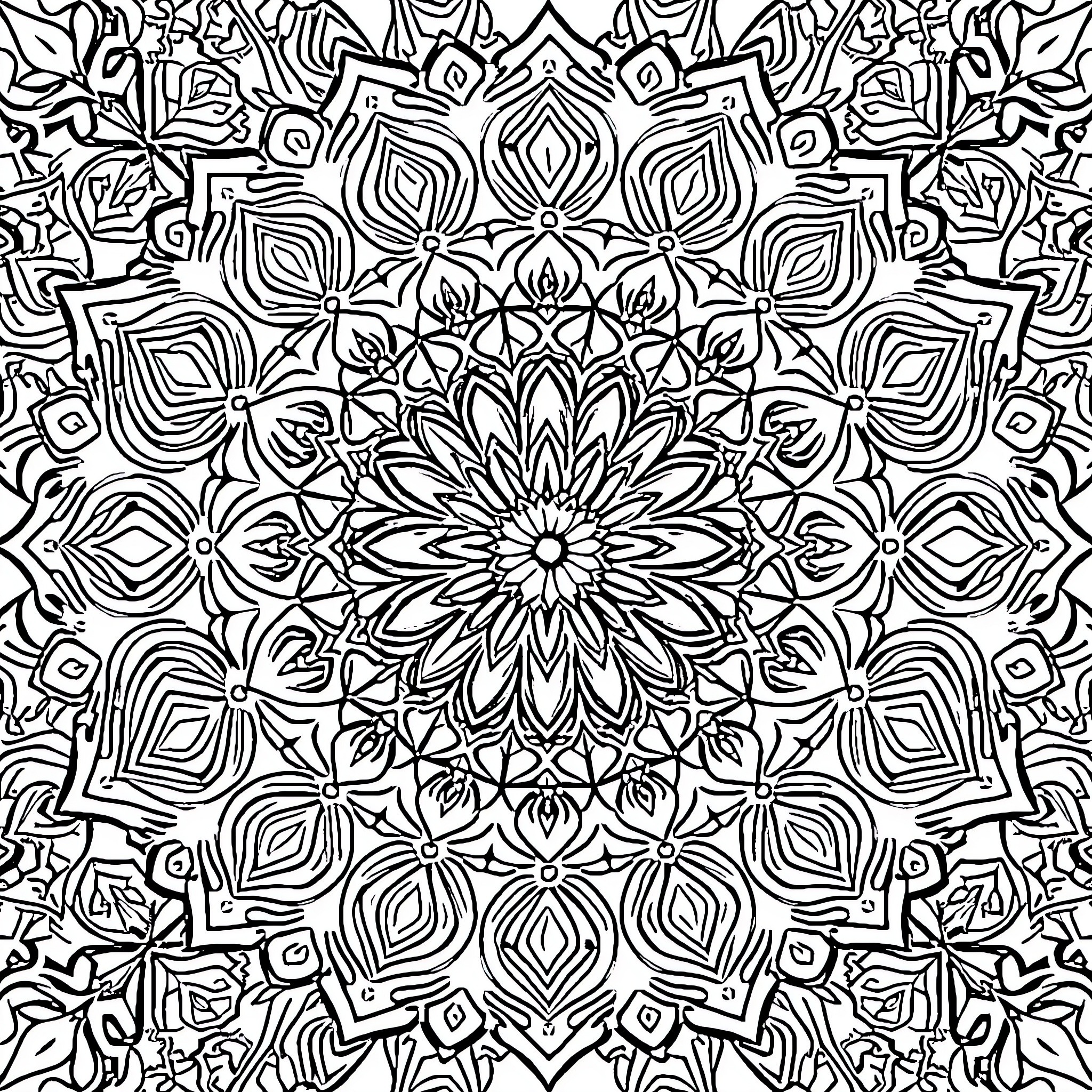 Mandala of intricate floral patterns Coloring Page (free black-and-white line drawing printable PDF for all, from beginners to advanced learners, including children, teens, adults, and seniors)