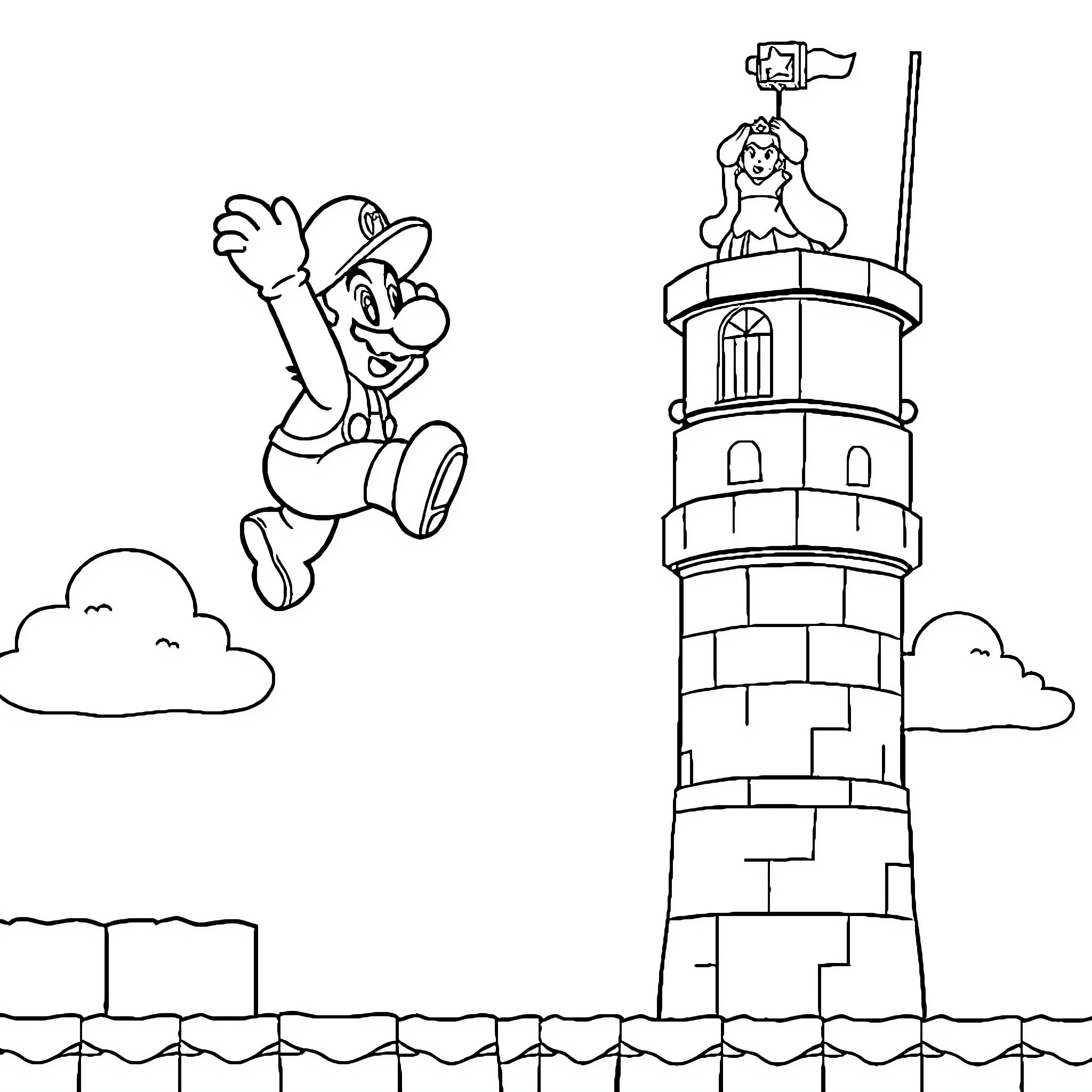 Super Mario Jumps Towards Castle with Princess Coloring Page (free black-and-white line drawing printable PDF for all, from beginners to advanced learners, including children, teens, adults, and seniors)