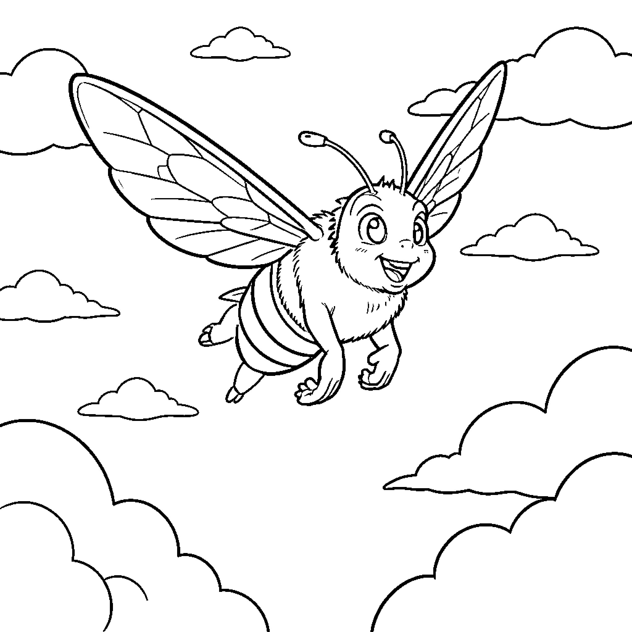 Buzz the Bumblebee Soaring Through the Clouds Coloring Page (free black-and-white line drawing printable PDF for all, from beginners to advanced learners, including children, teens, adults, and seniors)