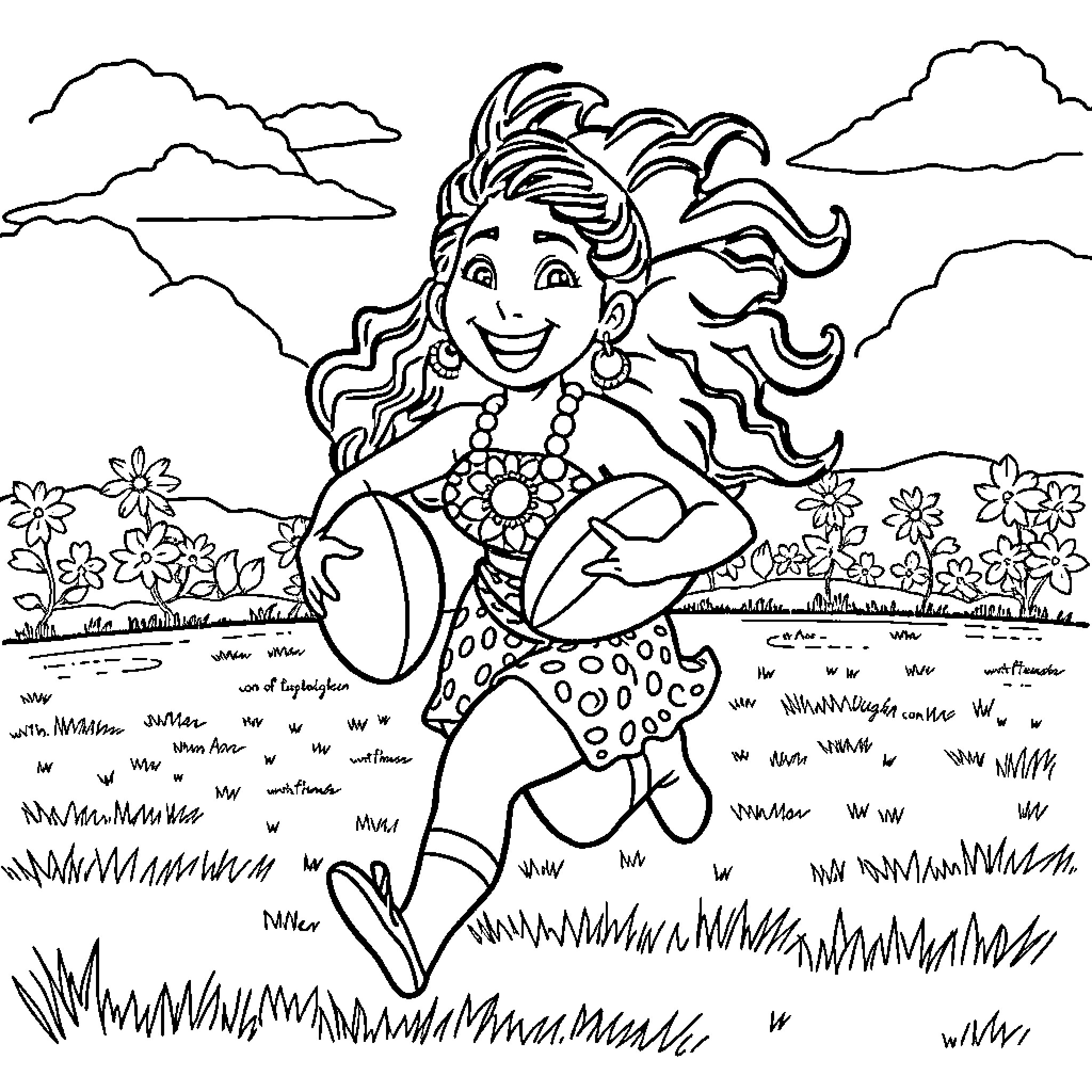 Moana exploring a lush outdoor scene Coloring Page (free black-and-white line drawing printable PDF for all, from beginners to advanced learners, including children, teens, adults, and seniors)