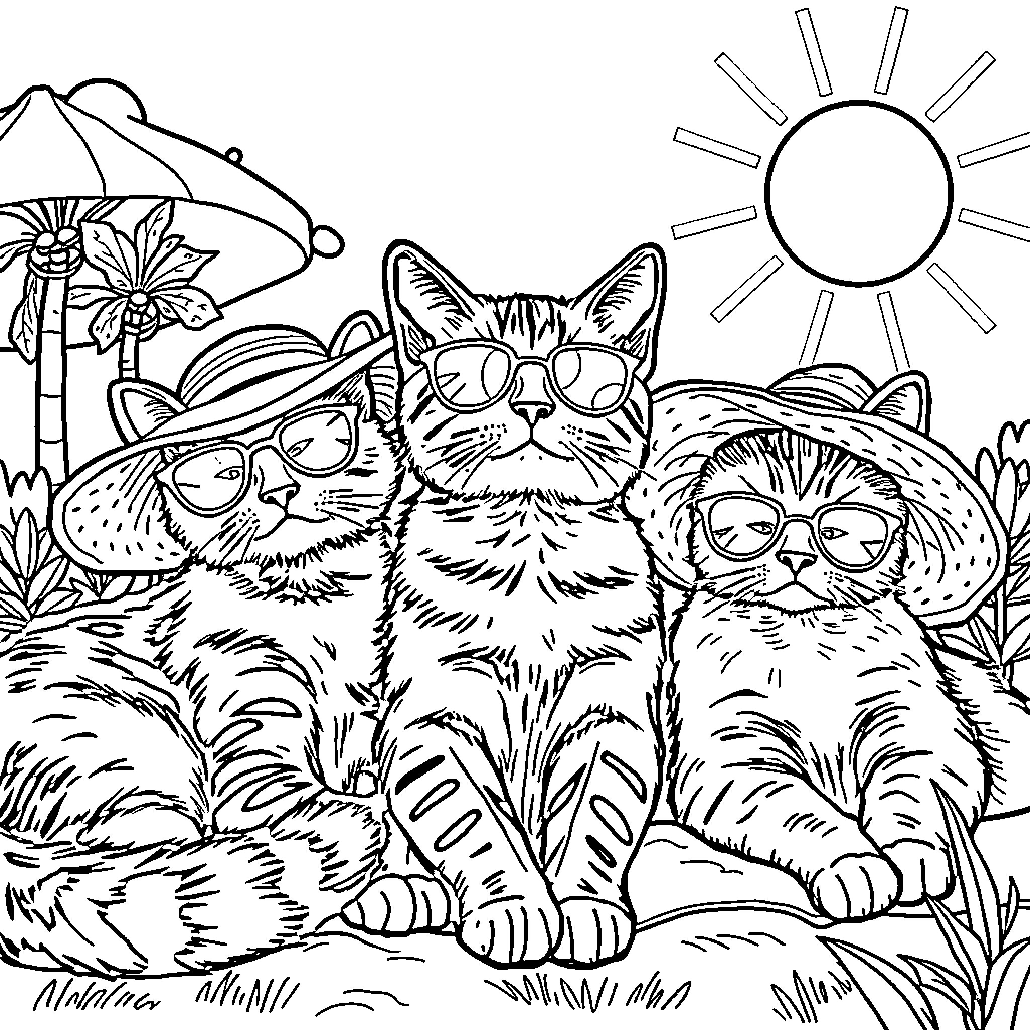 Cat Trio Relaxing in the Outdoors Coloring Page (free black-and-white line drawing printable PDF for all, from beginners to advanced learners, including children, teens, adults, and seniors)