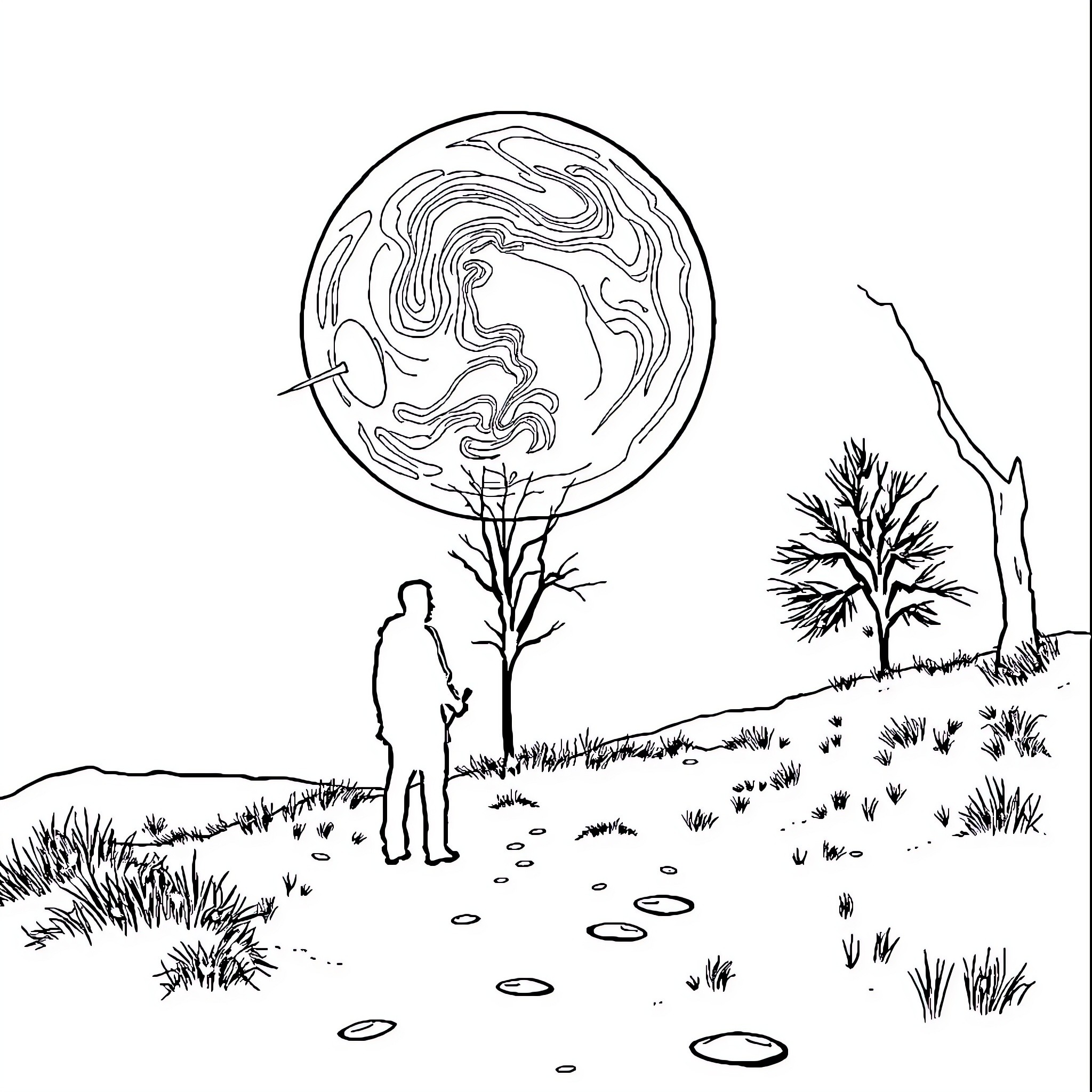 Village Under the Starry Night Sky Coloring Page (free black-and-white line drawing printable PDF for all, from beginners to advanced learners, including children, teens, adults, and seniors)