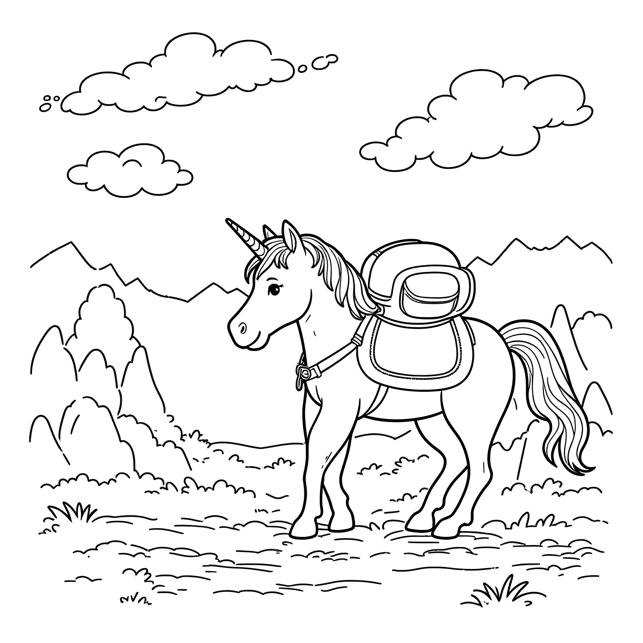 Unicorn trekking through the mountainous landscape Coloring Page (free black-and-white line drawing printable PDF for all, from beginners to advanced learners, including children, teens, adults, and seniors)