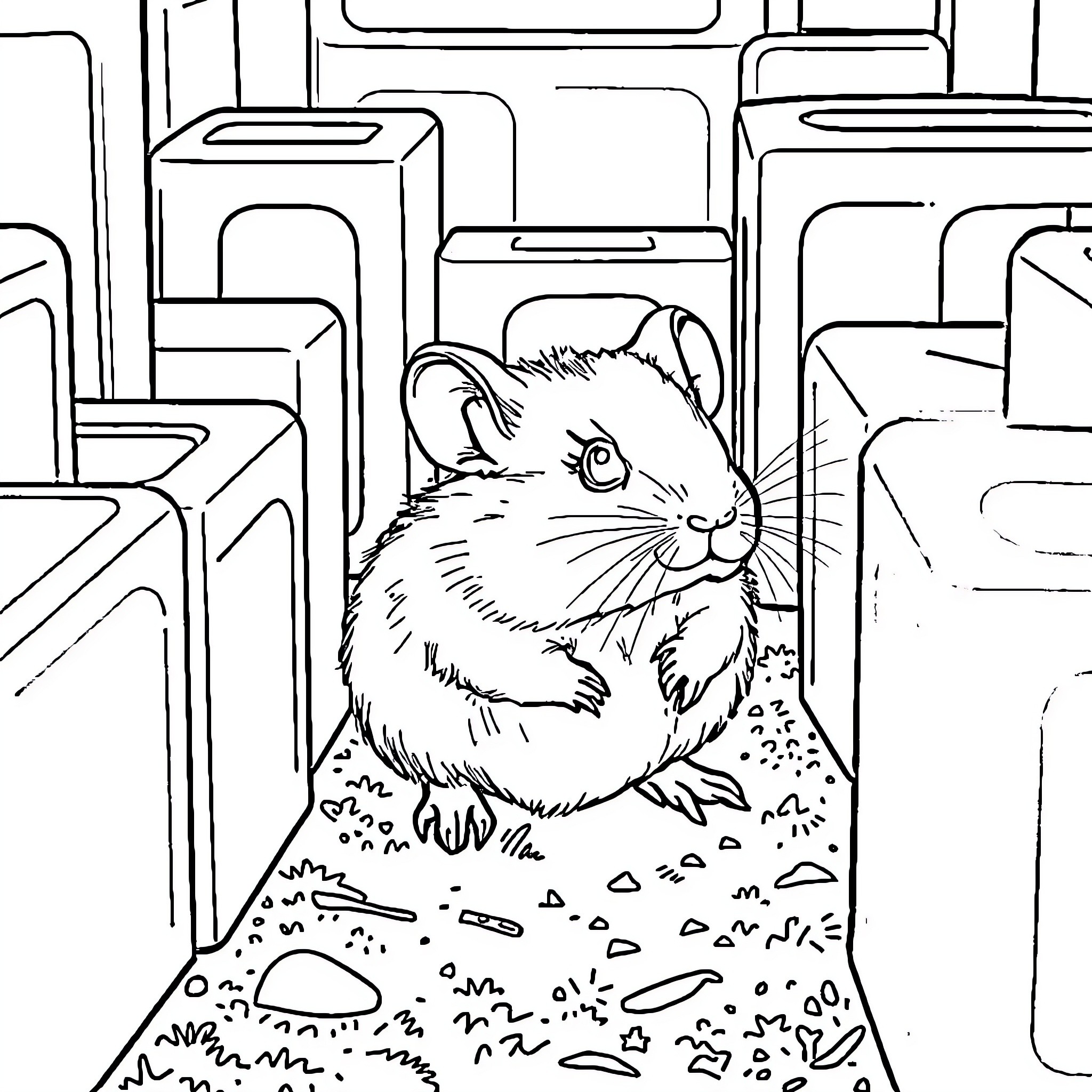 Hamster exploring a cluttered indoor space Coloring Page (free black-and-white line drawing printable PDF for all, from beginners to advanced learners, including children, teens, adults, and seniors)
