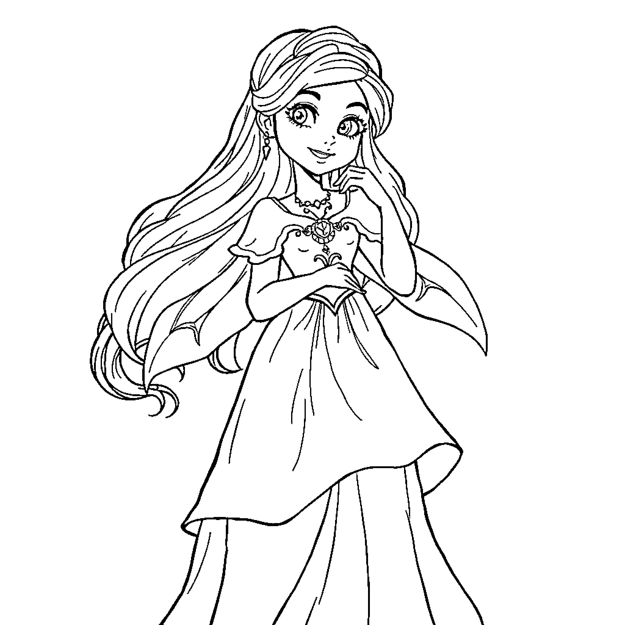 Morgan le Fay in a beautiful gown Coloring Page (free black-and-white line drawing printable PDF for all, from beginners to advanced learners, including children, teens, adults, and seniors)