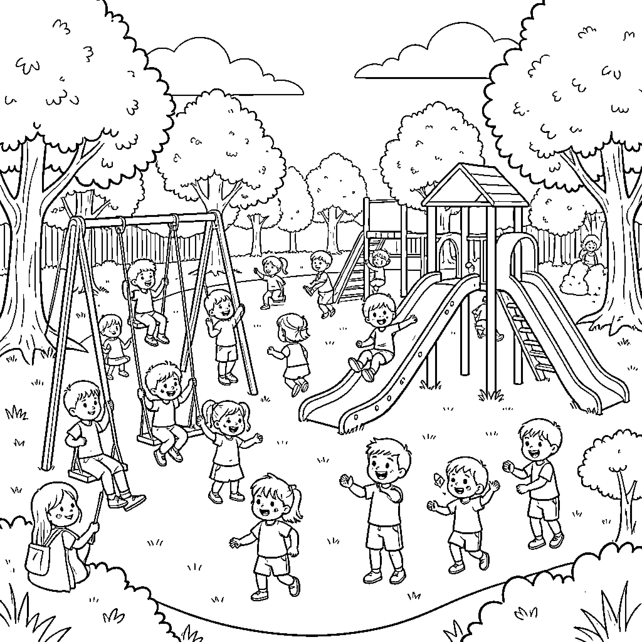 Playground with children playing on swings and slides Coloring Page (free black-and-white line drawing printable PDF for all, from beginners to advanced learners, including children, teens, adults, and seniors)