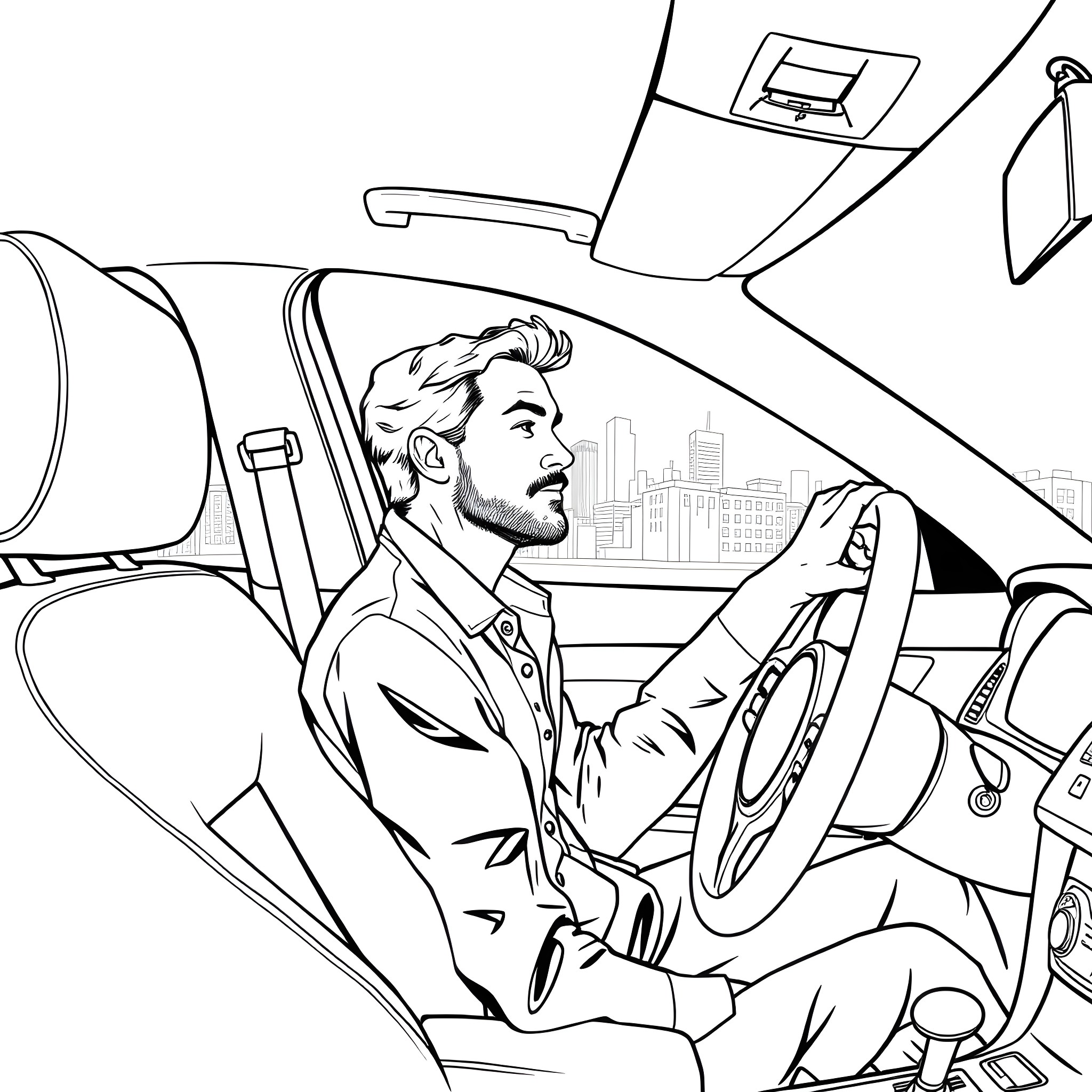Man driving a car through the city Coloring Page (free black-and-white line drawing printable PDF for all, from beginners to advanced learners, including children, teens, adults, and seniors)