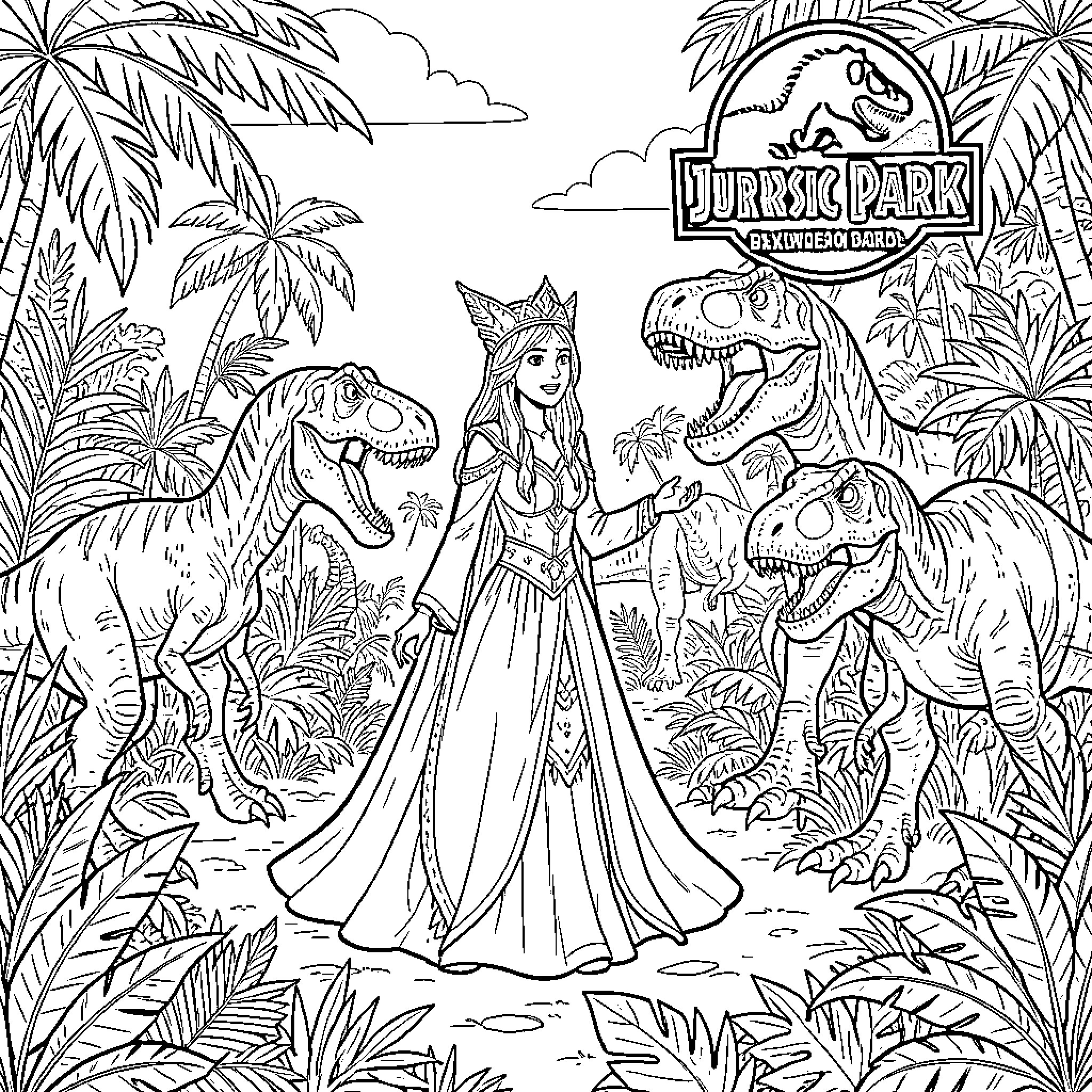 Queen standing calmly among dinosaurs in a jungle Coloring Page (free black-and-white line drawing printable PDF for all, from beginners to advanced learners, including children, teens, adults, and seniors)