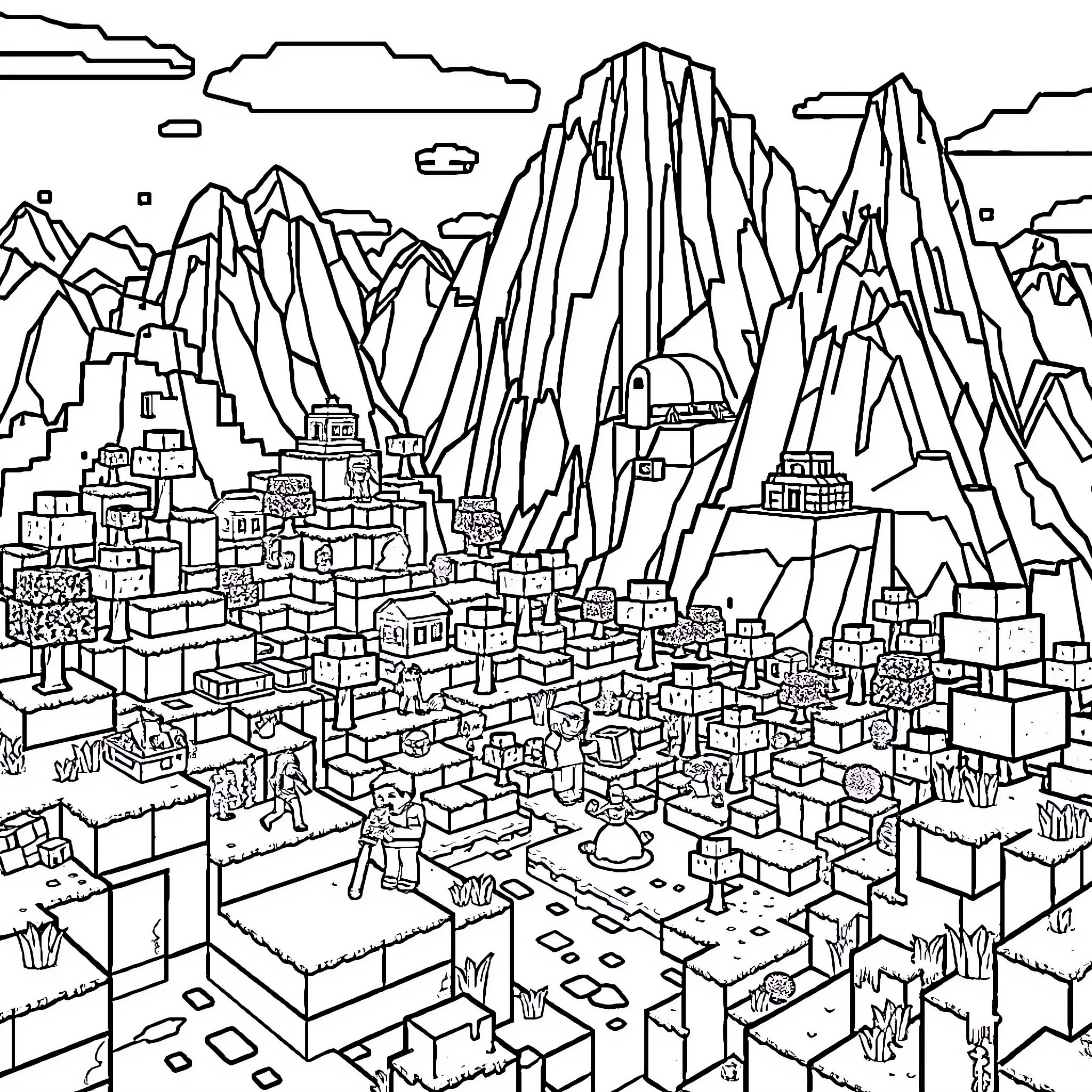 Minecraft stylized landscape with towering mountains Coloring Page (free black-and-white line drawing printable PDF for all, from beginners to advanced learners, including children, teens, adults, and seniors)
